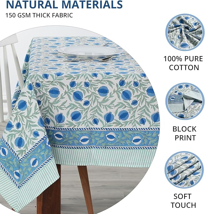 Ridhi Hand Block Print Queen Blue Rectangle Cotton Tablecloth 160" x 72" Reusable Table Cover Decorative Everyday Use for Dining, Farmhouse, Home Gift for Spring, Easter, Valentine
