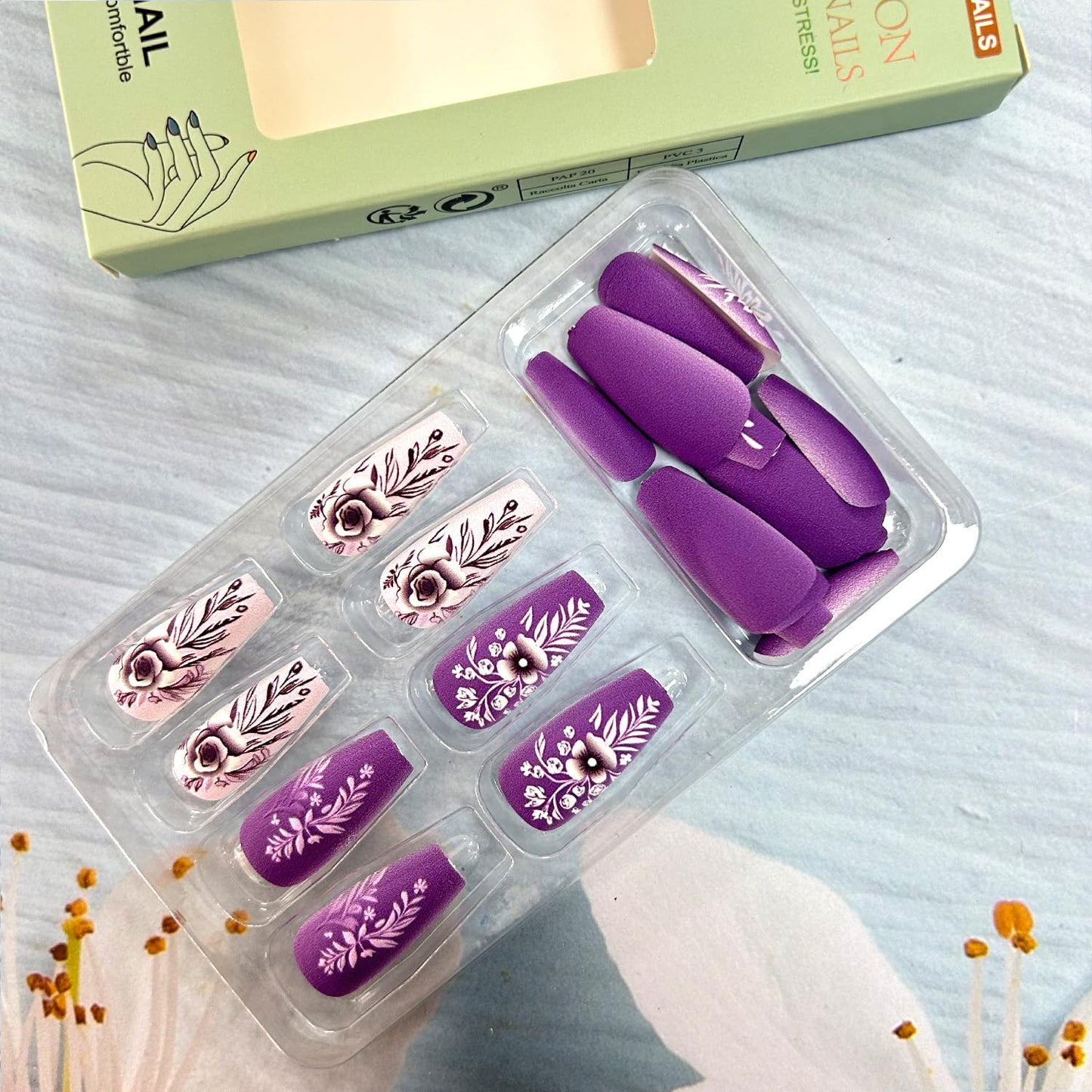 24Pcs Purple Press on Nails Medium Ballet Shaped Flower 3D Pattern Design Full Cover Frosted Acrylic False Nail Press Ons Artificial Fingernails Medium Stick on Nail DIY Glue on Nails for Women