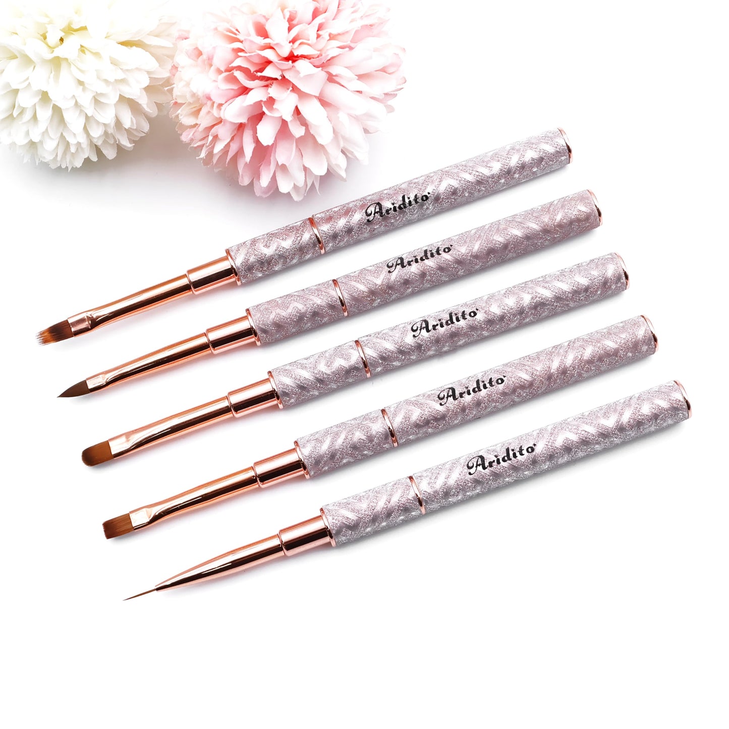 Aridito 5pcs new shiny leather case with metal handle and cap gel nail art brushes professional tools for High-end nail salon use