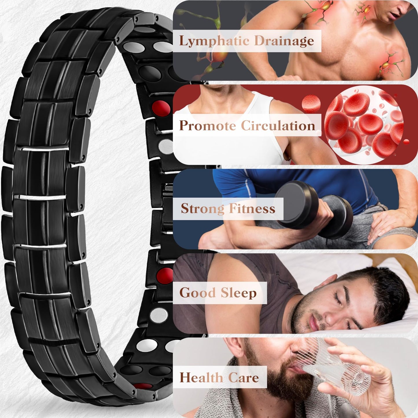 Mahnco Magnetic Bracelet for Men Adjustable Titanium Steel Men’s Bracelet with Double Rows Effective 4 Elements Magnets & Remove Tool (Black Classic)