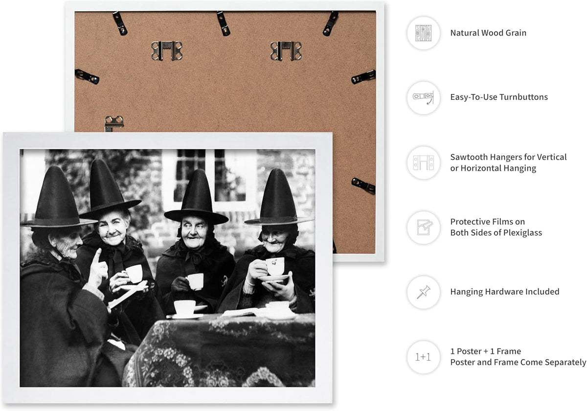 Poster Master Classic Photograph Poster - Vintage Halloween Print - Gift for Artist, Friend - Witches Tea Party, Old Women Smiling, Wearing Robes - Wall Decor for Living Room, 8x10 White Framed