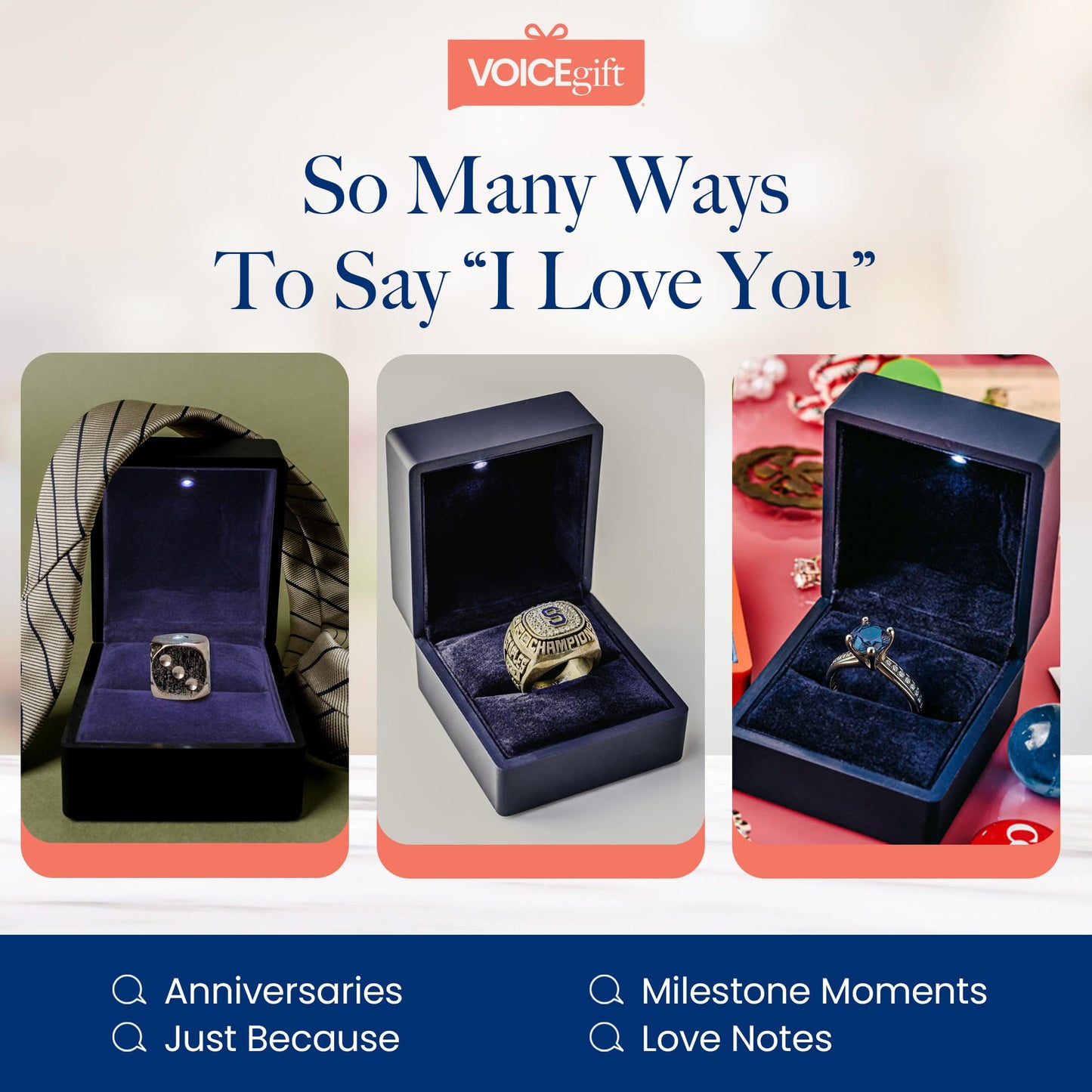 VOICEGIFT Ring Box Recordable Ring Box with LED Light, 60-Second Voice Recorder, Velvet Jewelry Gift Box for Proposal, Engagement, and Keepsake | Midnight Blue