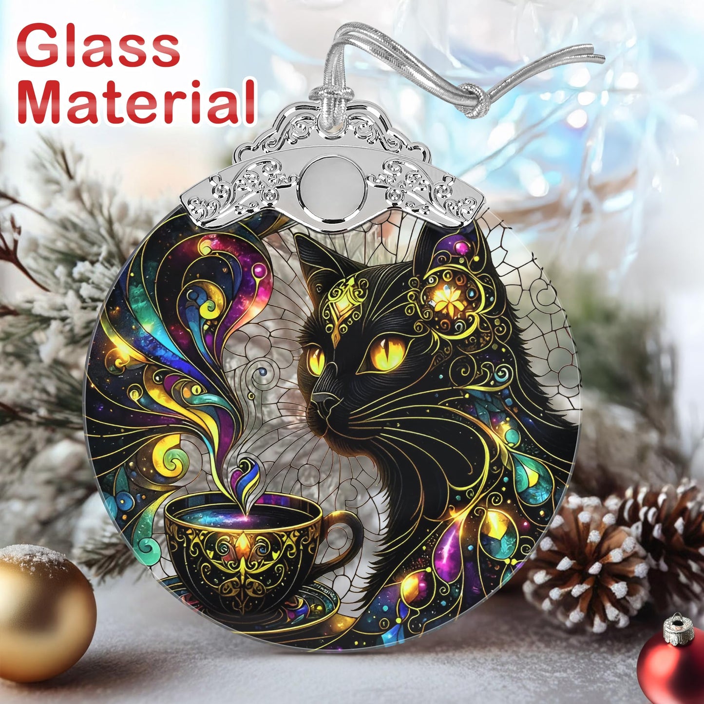 Stained Glass Cat Christmas Tree Ornaments - Black Cat Xmas Gift for Friend, Family or Coworker