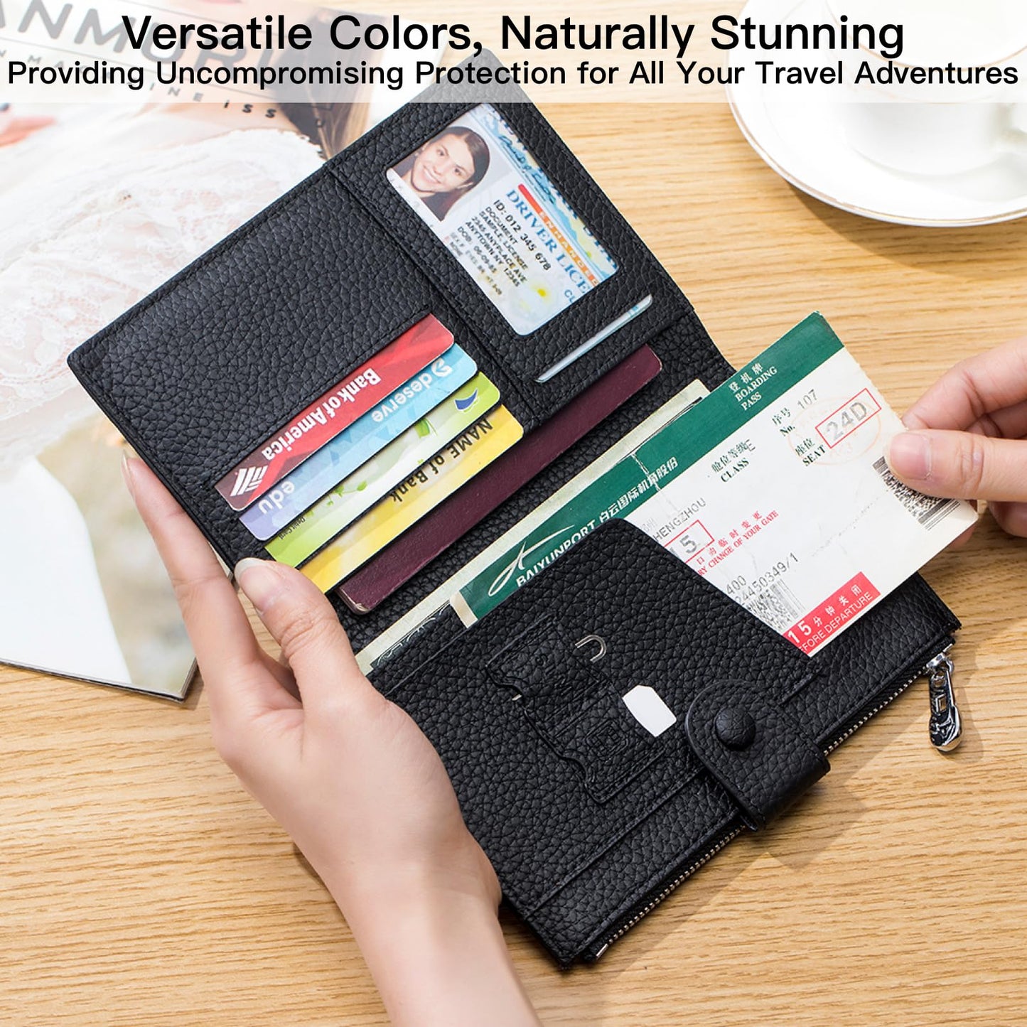 Genuine Leather RFID Blocking Passport Holder Wallet, Multi-Functional Travel Document Organizer with Zipper Pocket, Includes SIM Card Ejector Pin (Blue)
