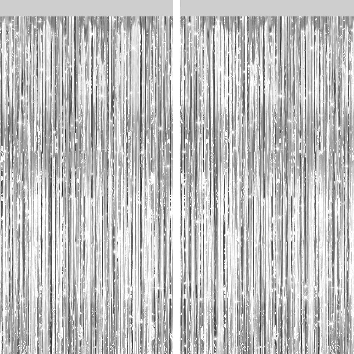 2 Pack Silver Metallic Tinsel Foil Fringe Curtains, Door Streamers Photo Booth Backdrop for Birthday Party, Tinsel Curtain Backdrop for Baby Shower Bachelorette Christmas Party Decorations