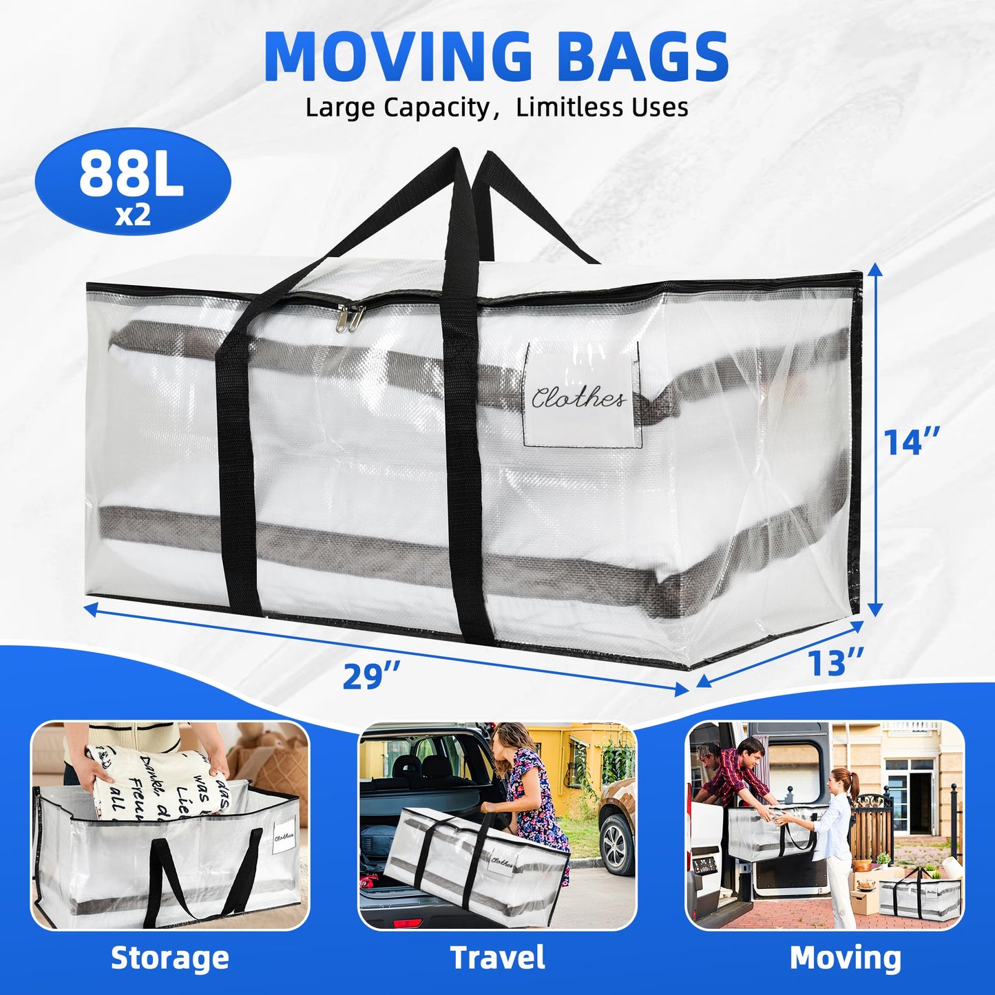 Uprimeasy Large Moving Bags, 2 Pack Heavy Duty Storage Bags with Wrap Handles & Zippers, Space Saving Storage Totes with Clear Window & Tag Pocket, Alternative to Moving Boxes (Clear)