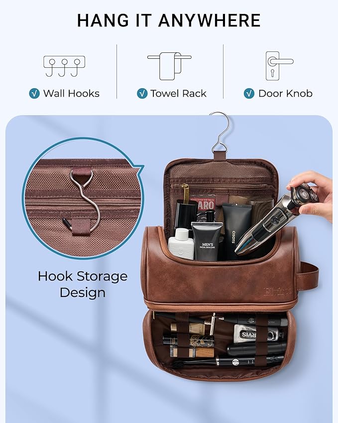 Elviros Toiletry Bag for Mens PU Leather Travel Organizer Kit with Hanging hook, Large Water-resistant Toiletries Bathroom Shaving Bags (Extra Large, Dark Brown)