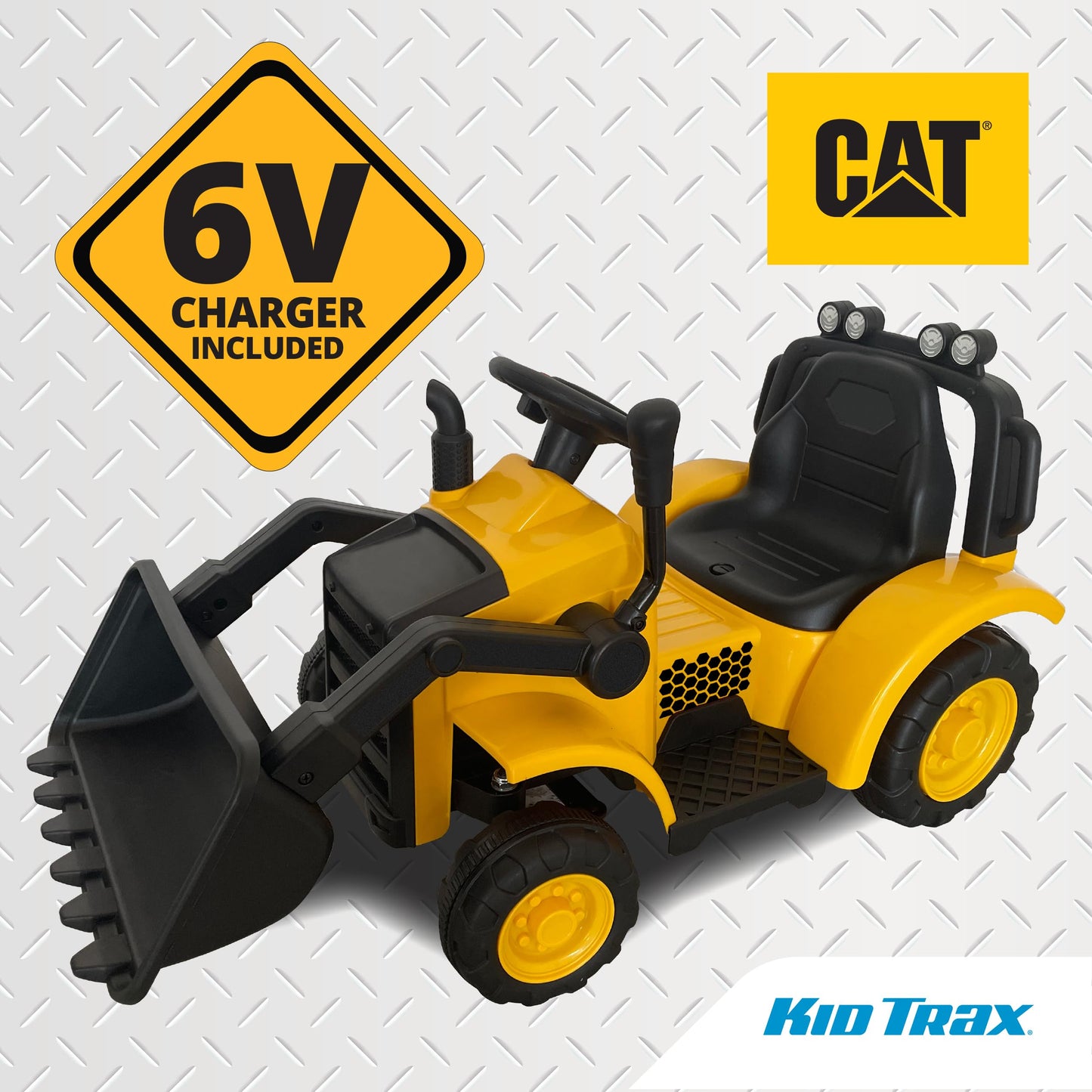 Kid Trax 6V CAT Frontloader Ride-On Toy for Kids, Ages 18-36 Months, Max Weight 44 lbs, Easy Push Button Drive System and Pull Front Bucket Lever, Includes Toy Hard Hat