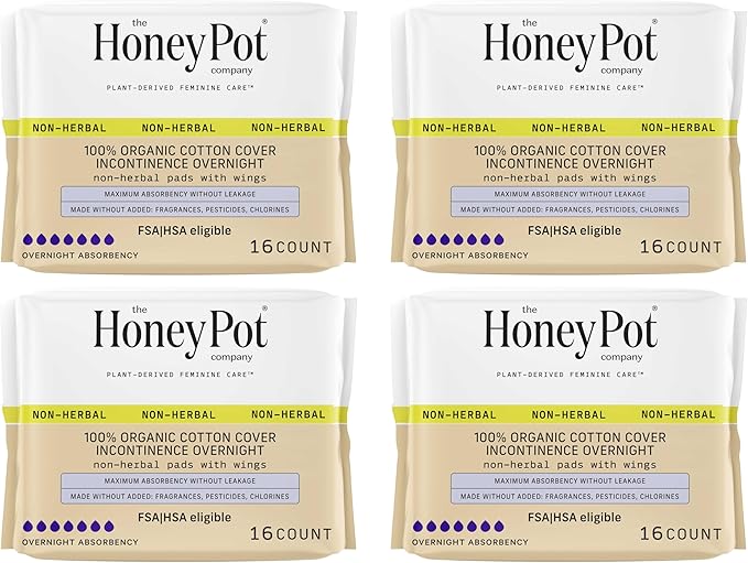 The Honey Pot Company – Incontinence Pads for Women - 64ct- Non-Herbal Overnight - Bladder Leak Control - Organic Cotton Cover & Ultra-Absorbent Pulp Core - FSA & HSA Eligible