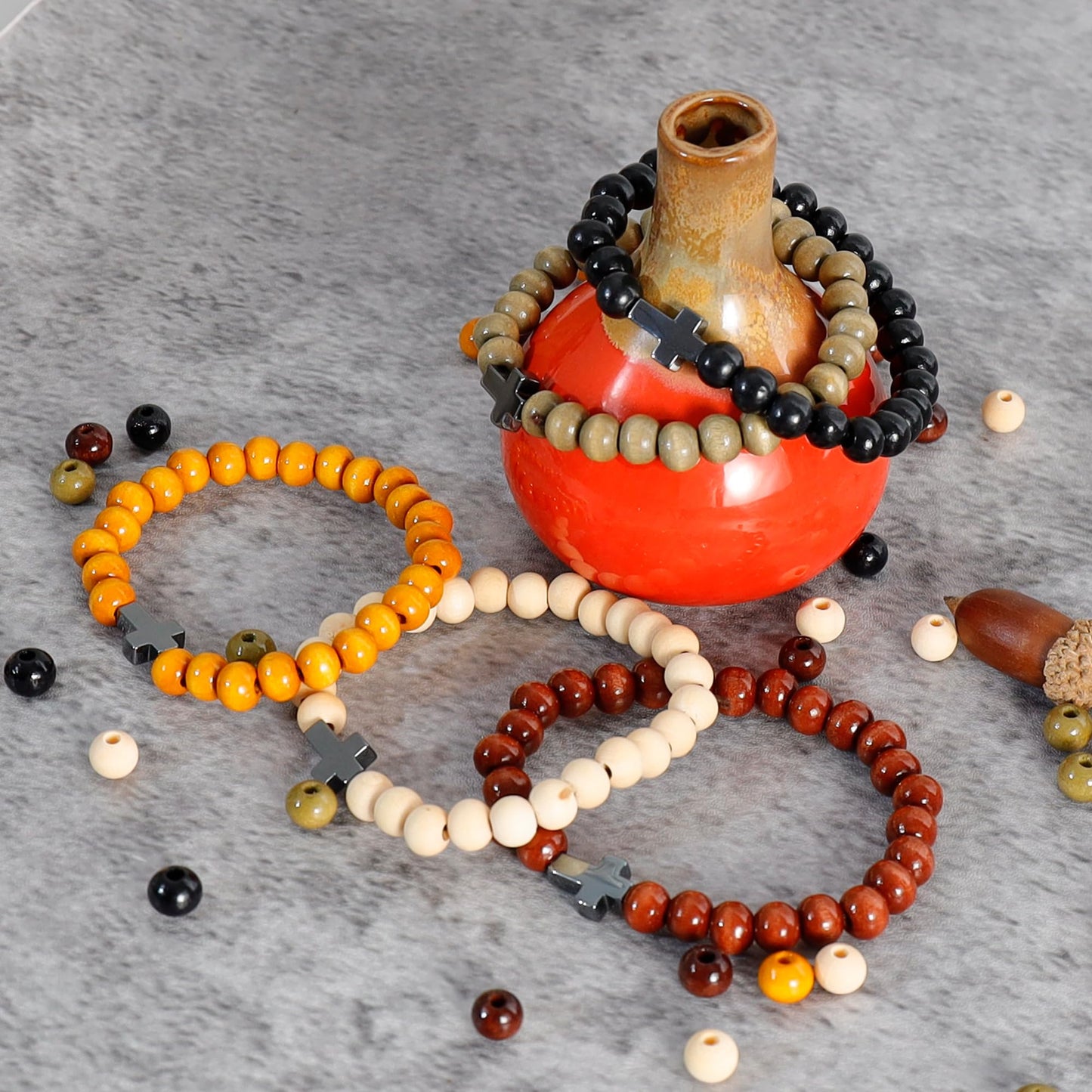 MILAKOO 5Pcs Black Hematite Cross Charms Wooden Bracelets for Unisex Prayer Meditaion Mala Beads