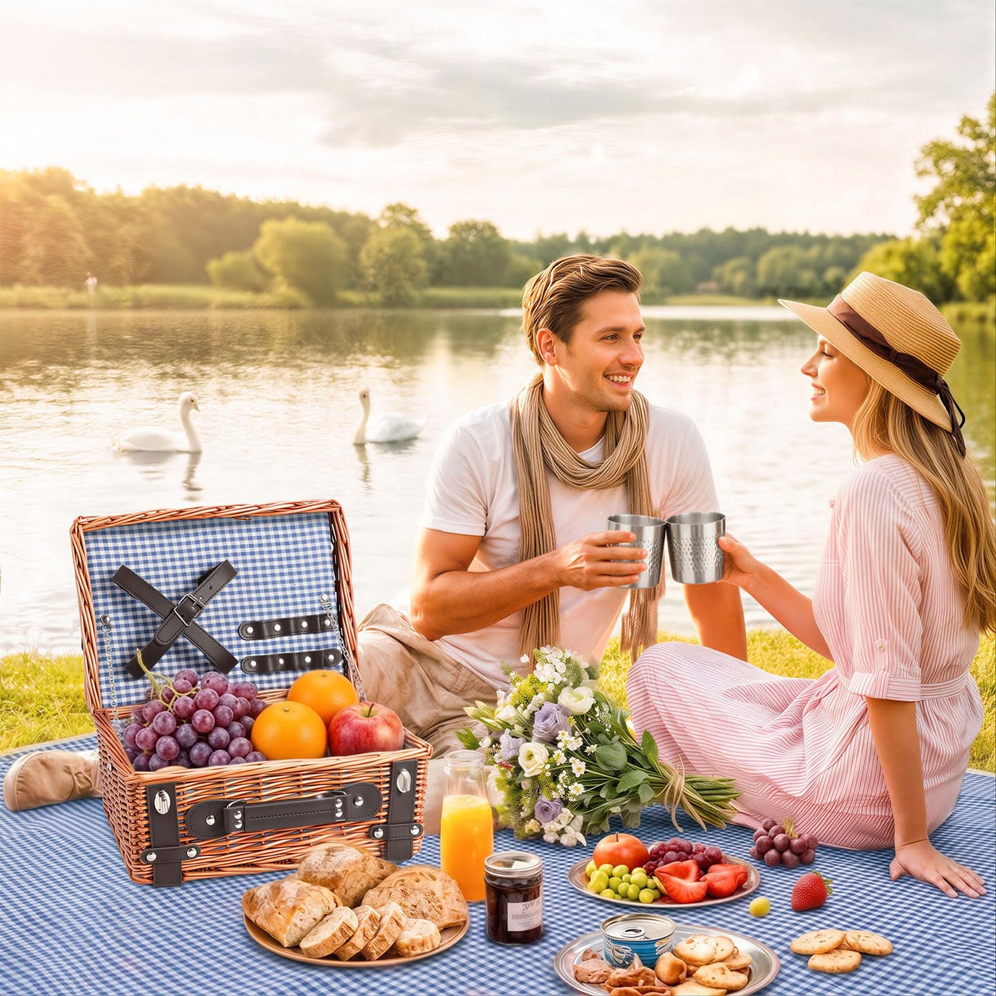 Weavvy Picnic Basket Set for 2, Wicker Picnic Baskets with Waterproof Blanket and Cutlery Service Kit, Willow Hamper for Camping, Outdoors, Valentine's Day, Christmas, Birthday, Wedding Gift