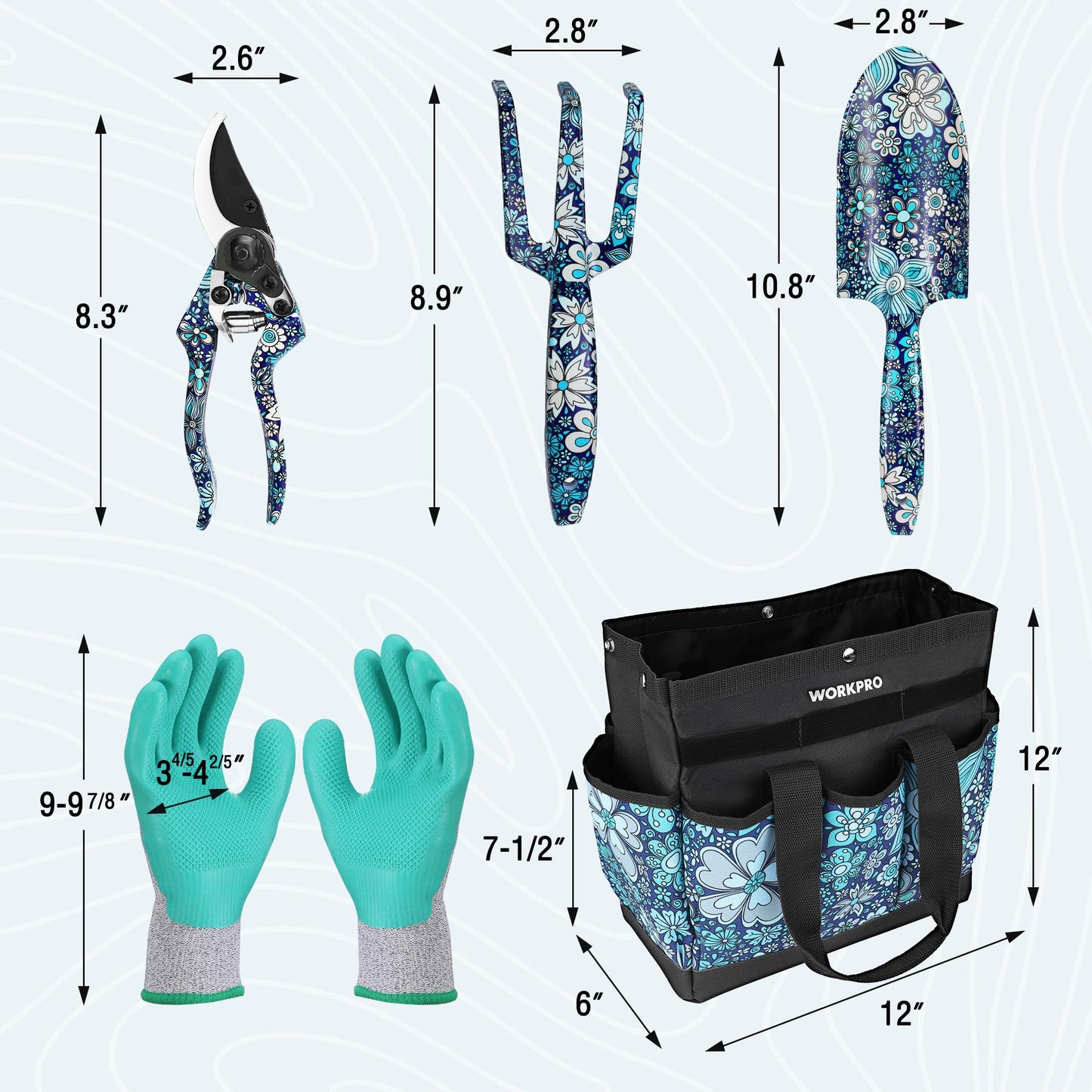 WORKPRO 5PCS Garden Tool Set, Aluminum Heavy Duty Gardening Tool Set with Garden Tool Bag, Outdoor Garden Hand Tools, Floral Blue