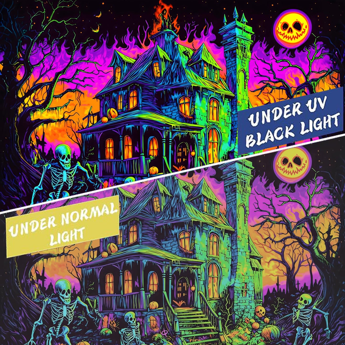 BSFHH Black Light Tapestry – UV Reactive Glow in the Dark Wall Hanging, Spooky Night Scene with Ghosts & Pumpkins, Haunting Home Decor for Parties, Bedroom, or Dorm (Ghost House, 90L x 70W, Unframed)