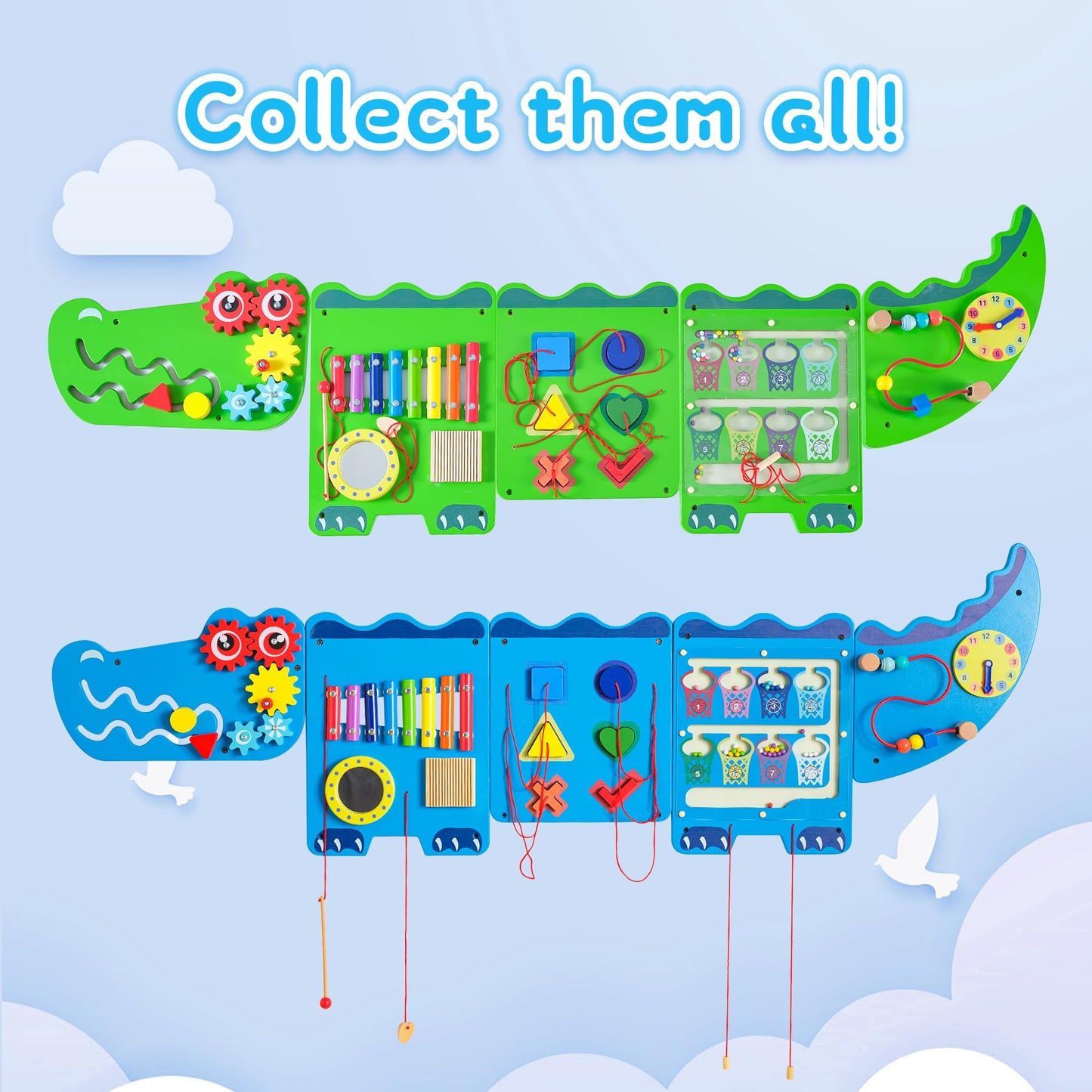 Spacocld Crocodile Sensory Toys Activity Wall Panels - Montessori Busy Board, Toddler Learning Panel, Wall-Mounted Playroom/Daycare Educational Toys, Interactive Wooden Gift for Kids 3-6, Blue
