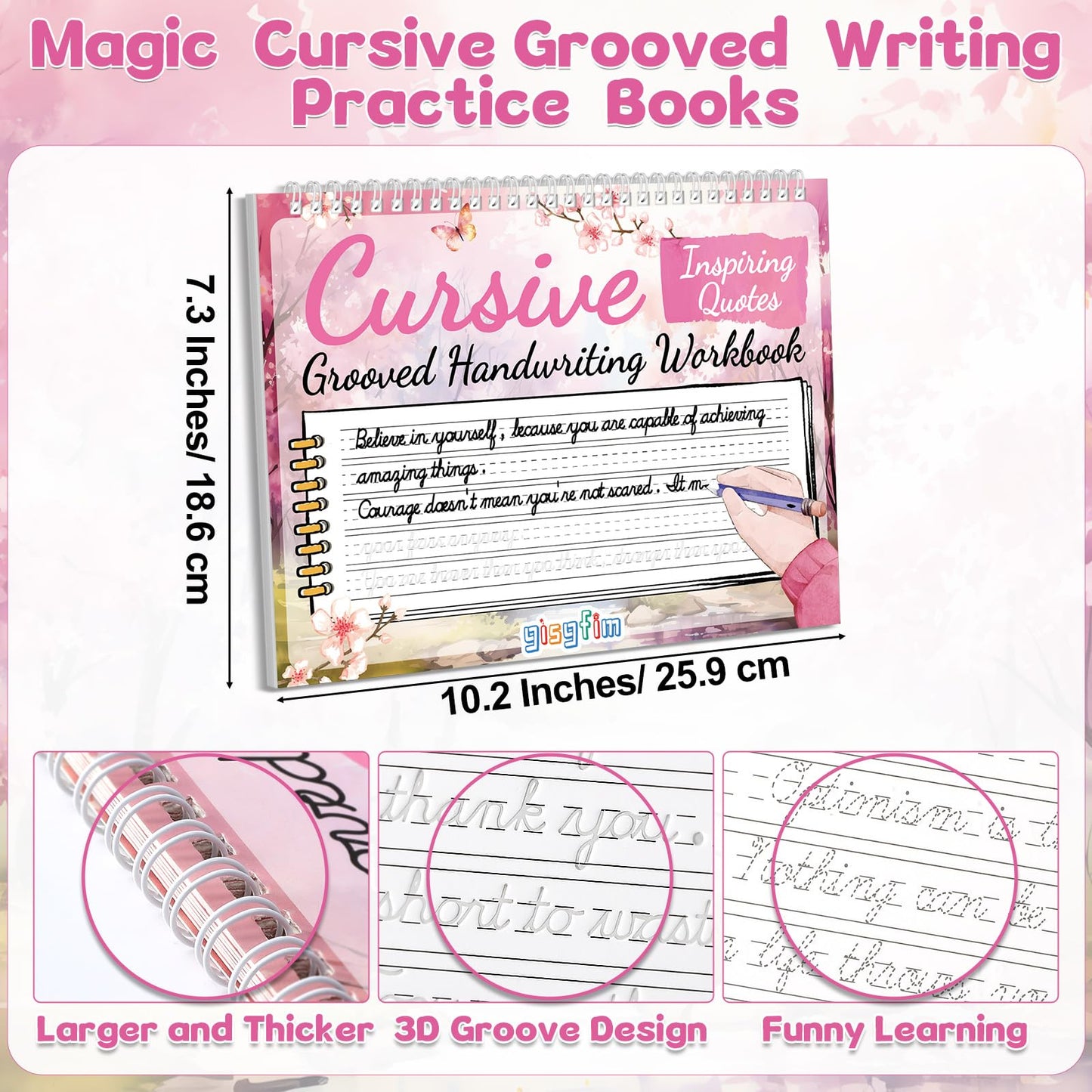 gisgfim Grooved Cursive Handwriting Workbook Magic Reusable Grooved Cursive Handwriting Practice Guided Tracing with Disappearing Ink Pens for Beginner Learning Activities Supplies (Inspiring Quotes)