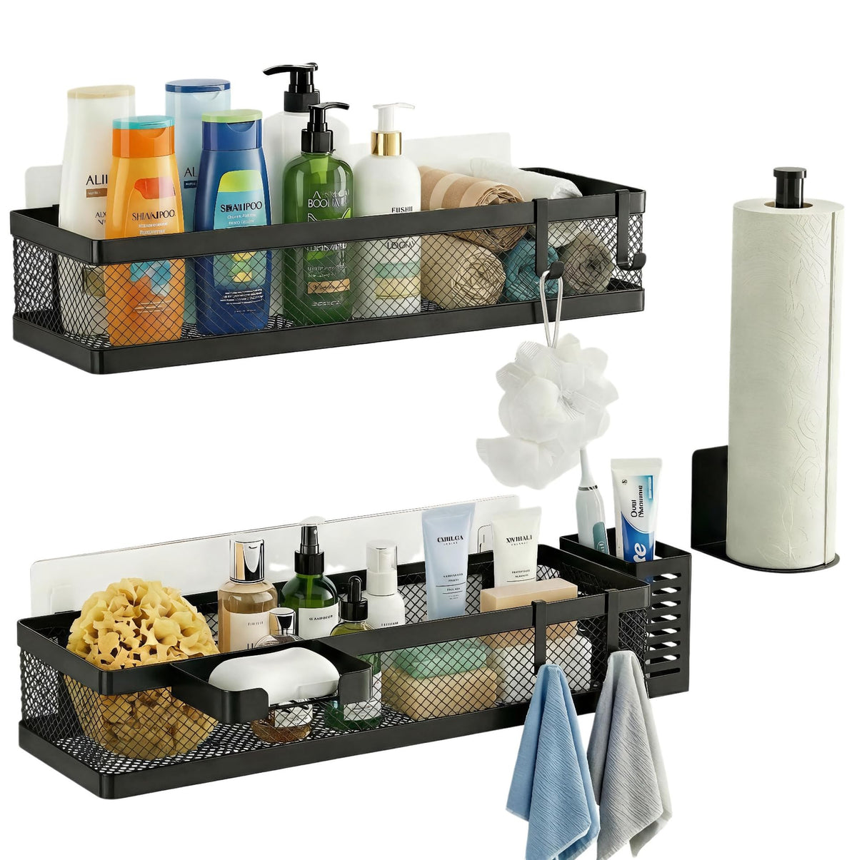 5-in-1 16.5" Extra Long Slim Wall Mount Wrapped Mesh Kitchen Organizer & Shower Caddy Kit, with Paper Towel Holder, Utensil Holder, Soap Dish, Holds 50LBS - Matte Black, Netting