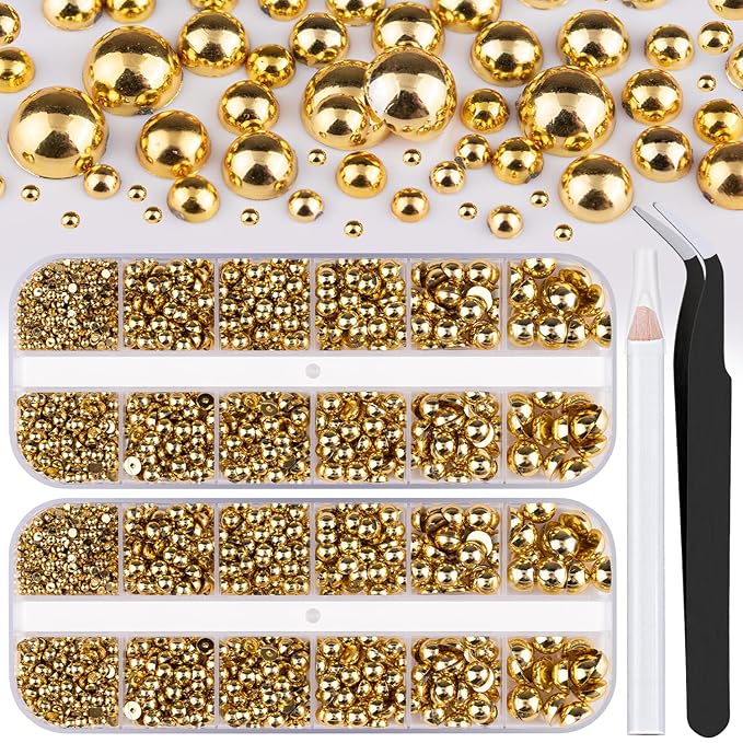 Belleboost Gold Nail Charms and Gems, 2 Boxes Half Round Flatback Pearl Nail Charms, Nail Pearls Rhinestones Kit Gold Beads for Nails with Pencil and Tweezer for DIY Nail Art, Face Makeup and Crafting
