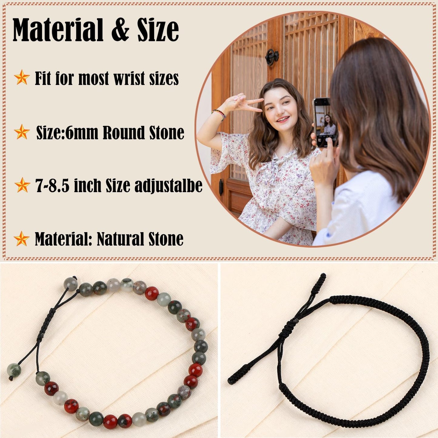 LPBeads 6mm African Bloodstone Bracelet with Handmade Rope Bracelet Size Adjustable Natural Stone Crystal Healing Bracelets Gifts for Unisex Adults