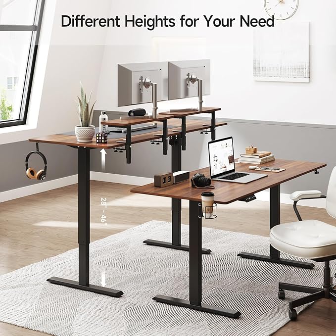 ONBRILL Standing Desk with 2 Adjustable Monitor Shelves, 71 x 24 Inches Electric Stand Up Desk with Memory Controller and Adjustable Height from 28-46 inches for Computer Workstations, Walnut