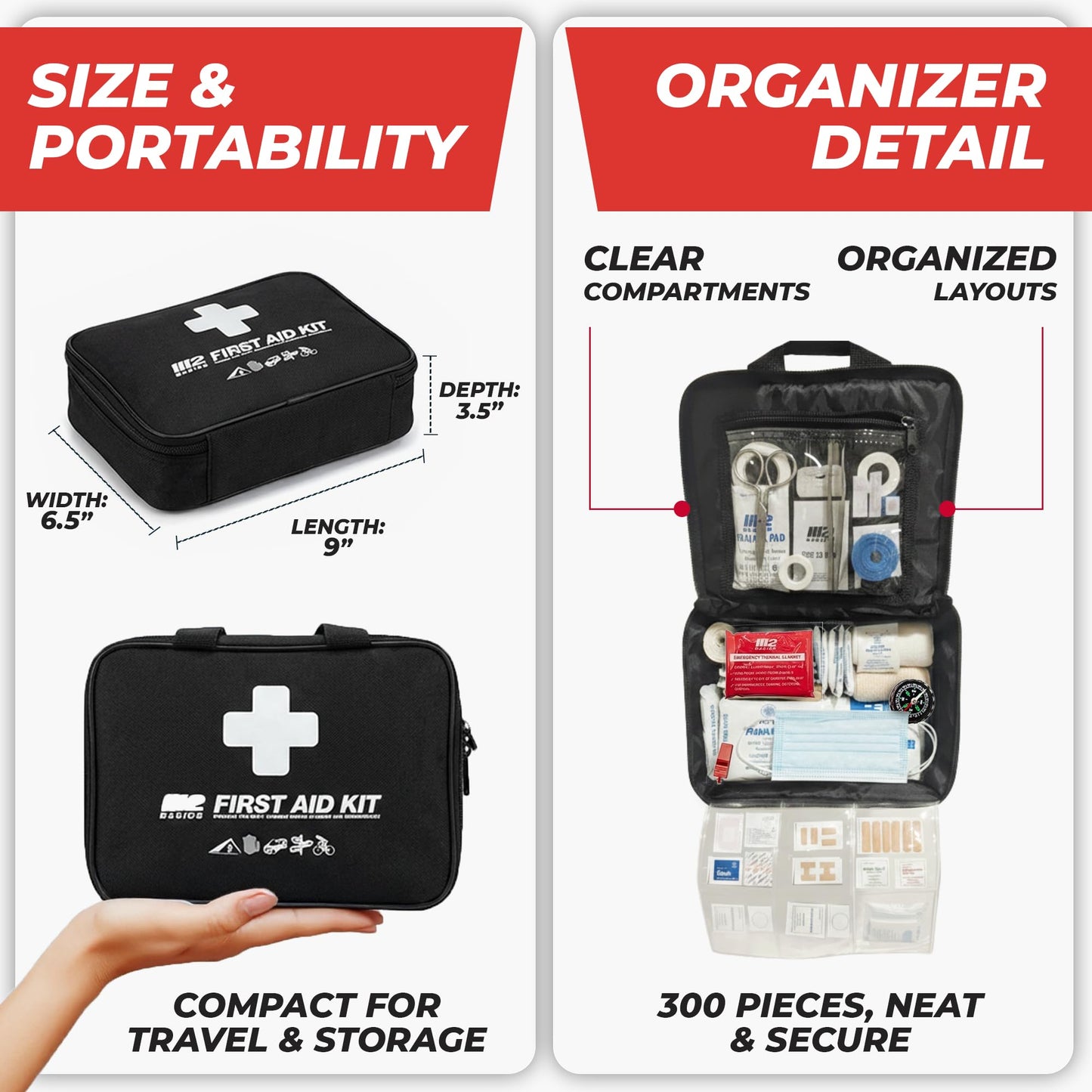 M2 BASICS 300 Piece First Aid Kit, 40 Items, Compact Emergency Medical Kit with Durable Carry Bag for Home, Car, Travel, Office, Camping