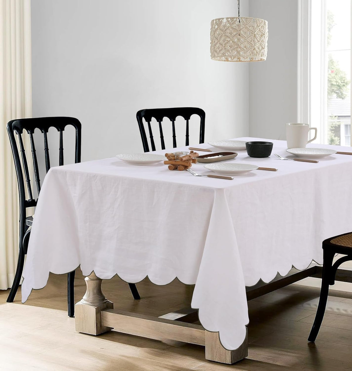 100% Pure Linen Scalloped Embroidery Rectangle Tablecloths 108Lx60W Inch for Dinners, Parties, Spring, Machine Washable, 8-10 Sets, White(Edges-Green)