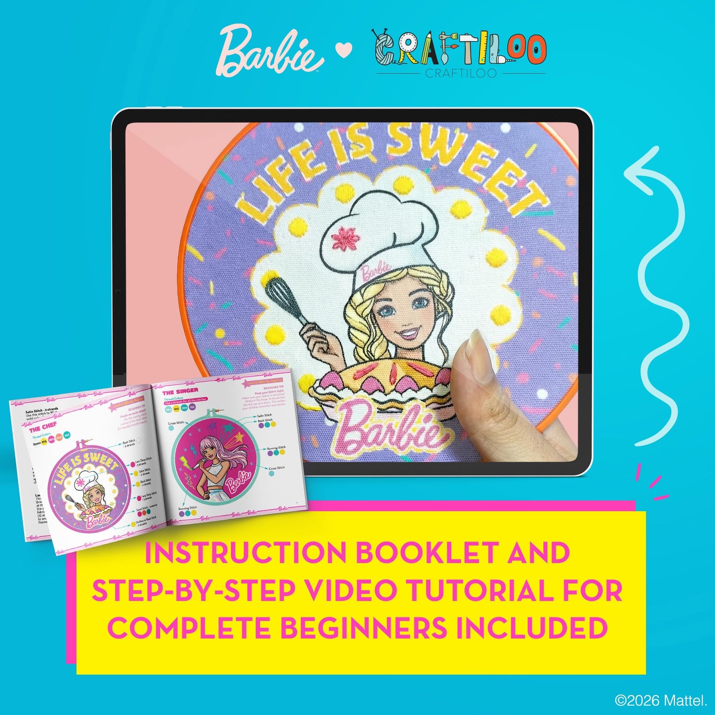 Barbie® Kids Embroidery Kit for Girls Ages 8-12 - Beginner Craft Kit with 8 Designs, 2 Hoops, Thread & Needles - Sewing Arts and Crafts Gift Set