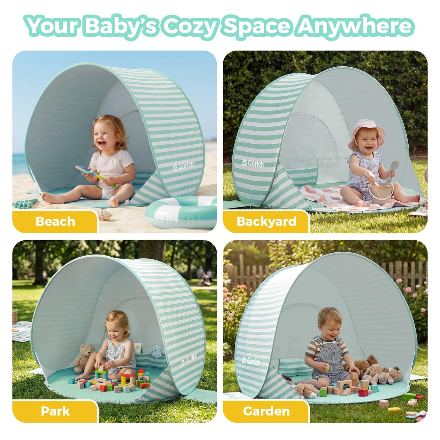 Gorich Pop Up Baby Beach Tent with UPF50+ UV Protection, Portable Toddler Sun Shelter with Mesh Ventilation, Lightweight & Foldable Play Shade Tent for Beach, Park & Backyard