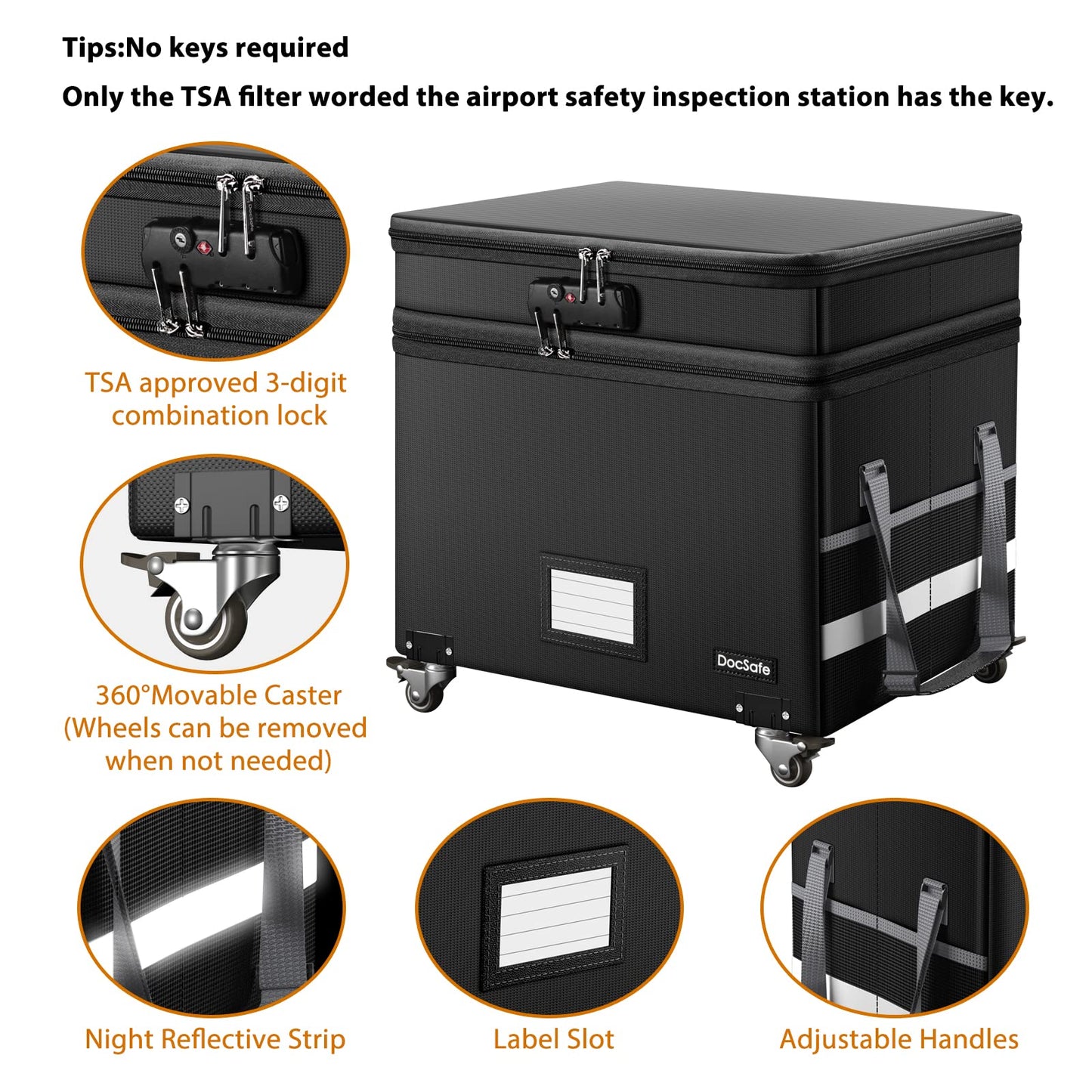 DocSafe Fireproof Document Box with Lock,2-Layer File Box with Wheels,Collapsible File Storage Organizer with Pockets,Large Portable Home Filing Cabinet for Hanging Folders,Black,16''x13.8''x12.2''