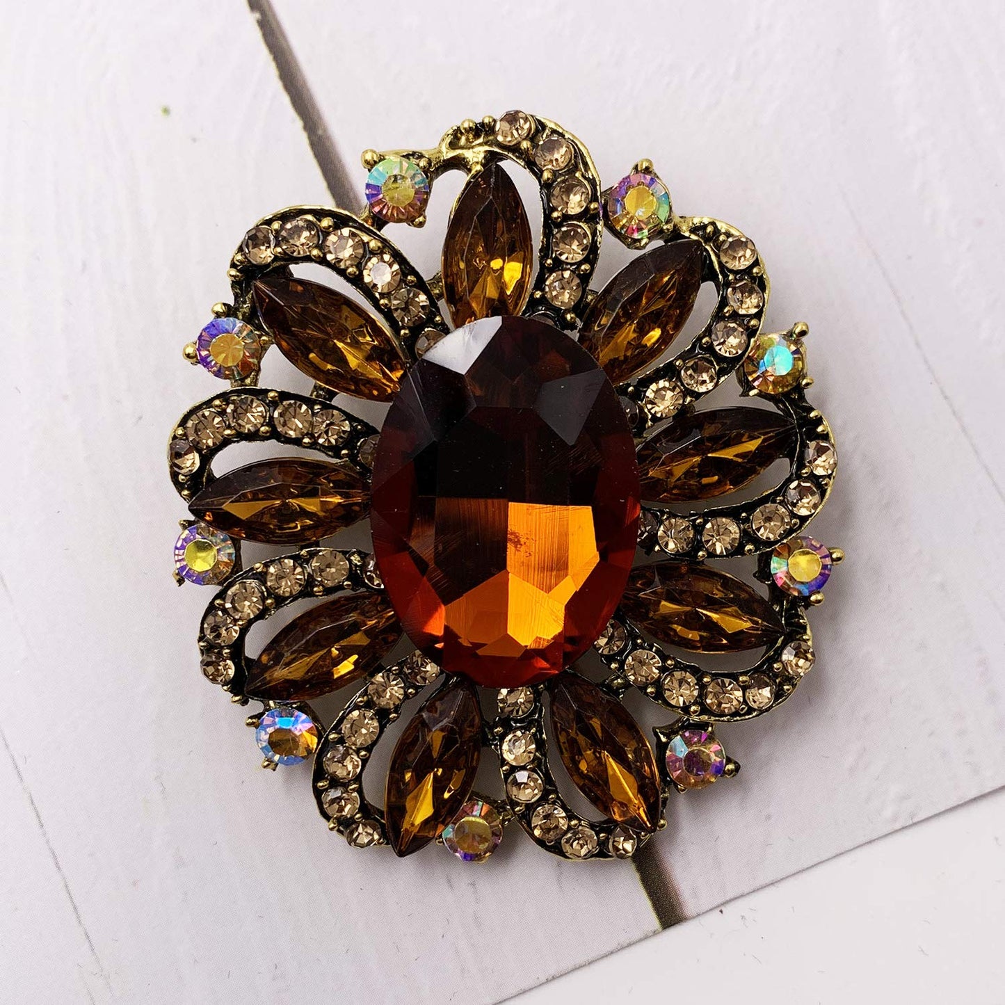 SELOVO Marquise Shape Flower Brown Brooch Pin Accessory Antique Gold Tone