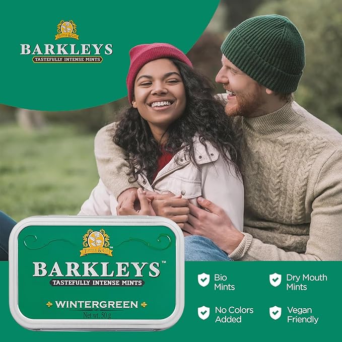 Barkleys Wintergreen Breath Mints - Strong Wintergreen Flavor - For Party, After Dinner, Wedding, Every Day Use - Vegan Breath Mints In Reusable Classic Travel Tins, 6 Pack - 50 Count Each