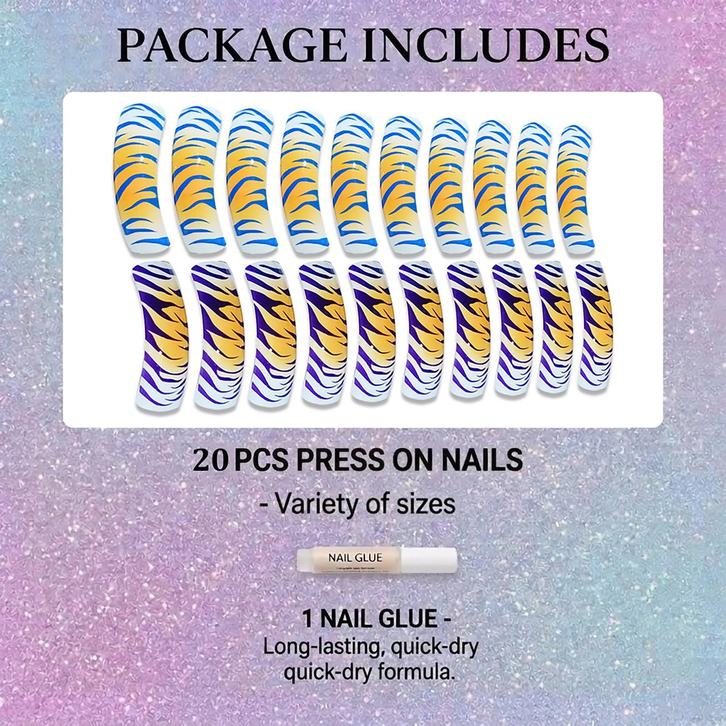 IMSOHOT Long Curved Press on Nails, Square Tiger Stripe Fake Tips with Glue, 20Pcs Full Cover Colorful Animal Print, Ombre Aesthetic Acrylic Glue-ons