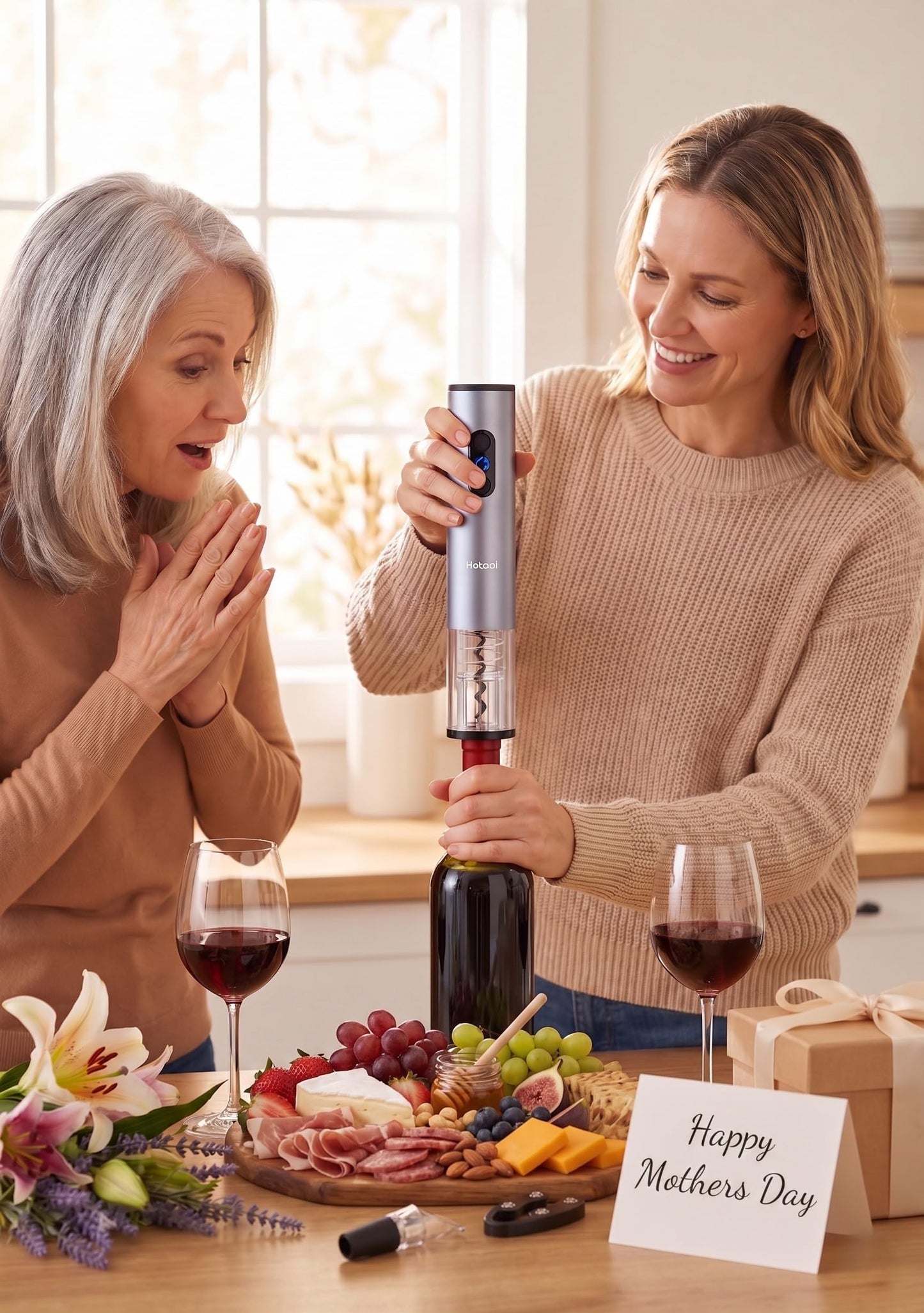 Electric Wine Bottle Opener Automatic Wine Opener Rechargeable Electric Corkscrew with Wine Aerator,Foil Cutter,Wine Stopper,USB-C Charge Cable, Perfect Mothers Day Gifts(Silver)