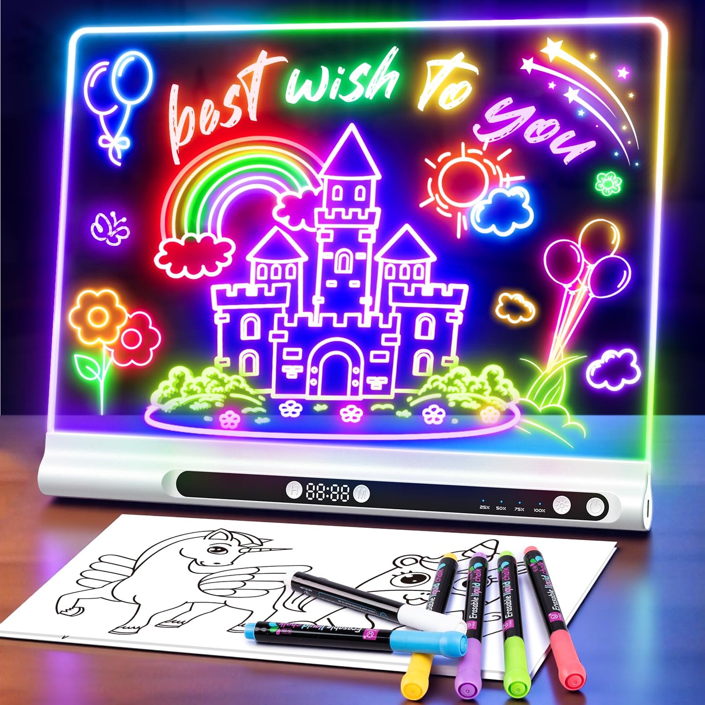 16“ Rechargeable LED Drawing Board, 9-Color Light Modes with Timer & Built-in Stand, Neon Art Dry Erase Glow Up Doodle Note Pad, Sketching Gift Toy for Kids/Girls/Teens, 6 Markers & Tracing Book