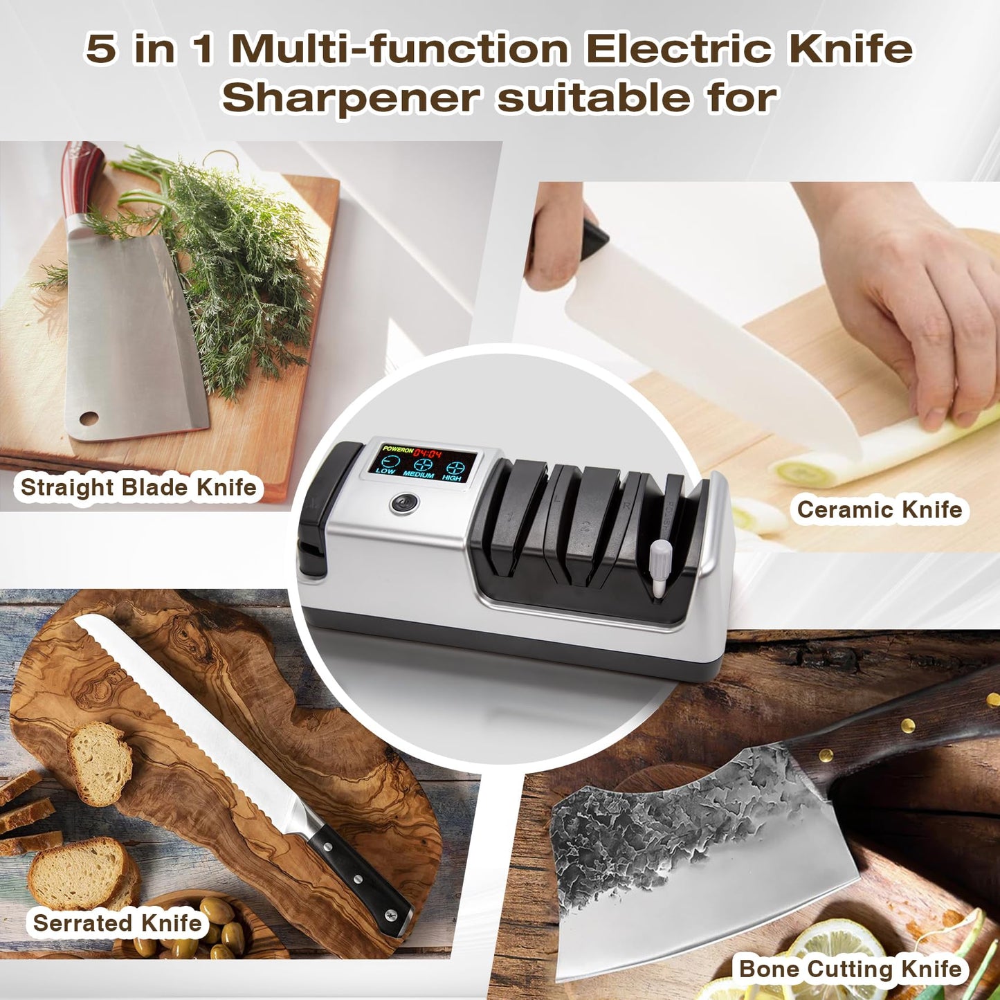Ceelpeopar Silver Professional 3-Stage Electric Knife Sharpener for Kitchen Knives, LCD Screen, 100% Diamond Abrasive, Adjustable Rotational Speed, Precision Angle Guides for All Kitchen Knives
