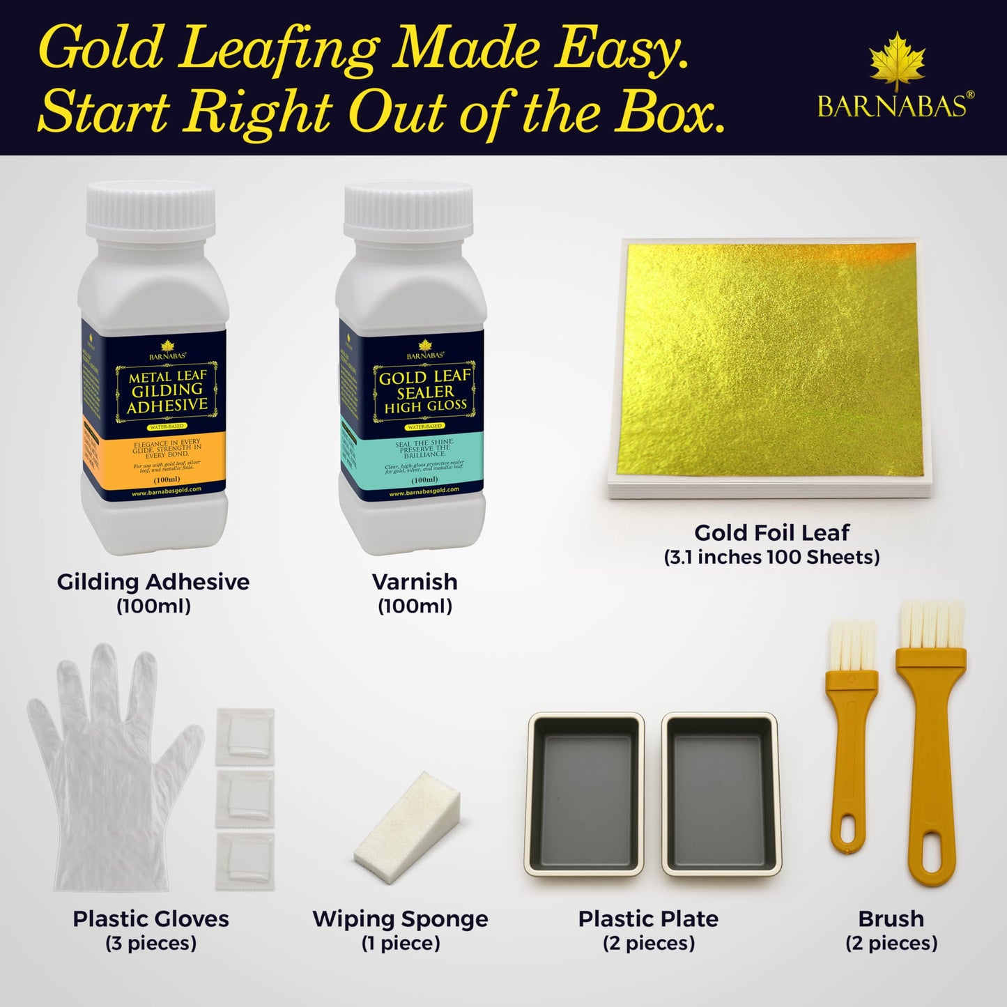 Barnabas Gold Leaf Kit – 100 Gold Leaf Sheets for Art, 100 Silver Foil, 100ml Leaf Adhesive & Sealer, Brushes & Tools for Gilding, Crafts, Foil Sheets, and Decorative Projects