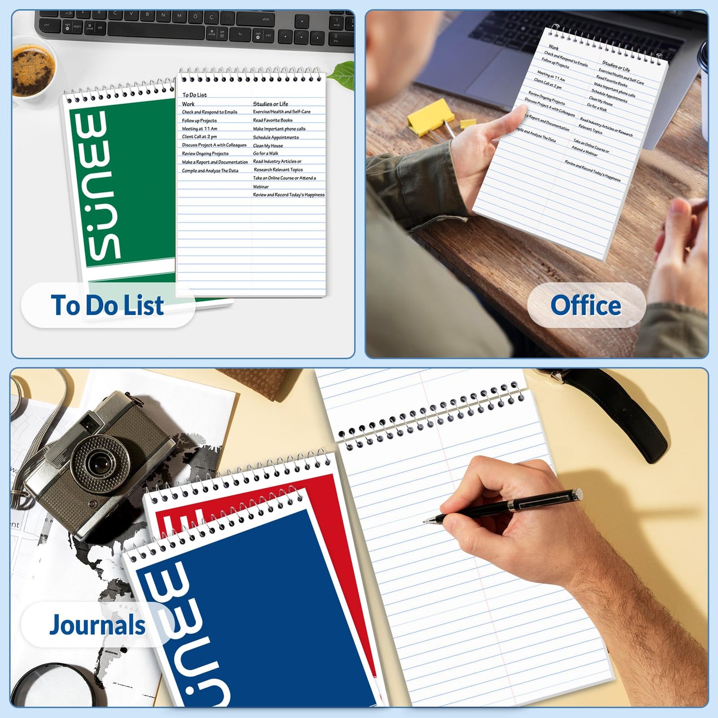 SUNEE 10 Pack Steno Pads 6x9, Gregg Rule, 60 Sheets, Spiral Notebook 6x9, White Paper, Take Notes with Top Spiral Notebook, for School, University, College, Work, Office, Classic Color