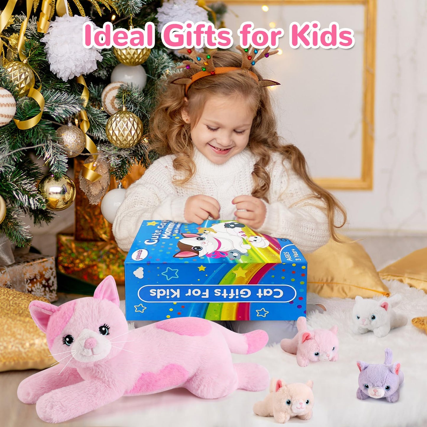 gnomantic 5 Pieces Cat Stuffed Animals with Babies Inside Belly - 1 Mommy Stuffed Cat with 4 Kittens - Stuffed Kitty Plush Toys for Kid Age 3-8, Gift Ideal for Christmas, Valentine's, Birthday (Pink)