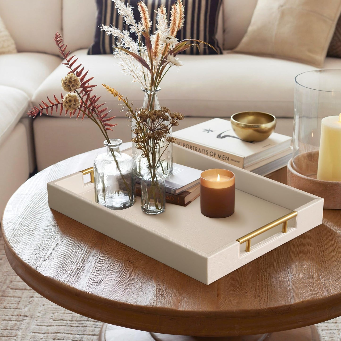 HofferRuffer Faux Leather Serving Tray with Gold Metal Handles, Stylish Decorative Tray Organizer for Coffee Table, Ottoman, Home Decor and Serving (CreamWhite, 16.2" x 12.2" x 2")