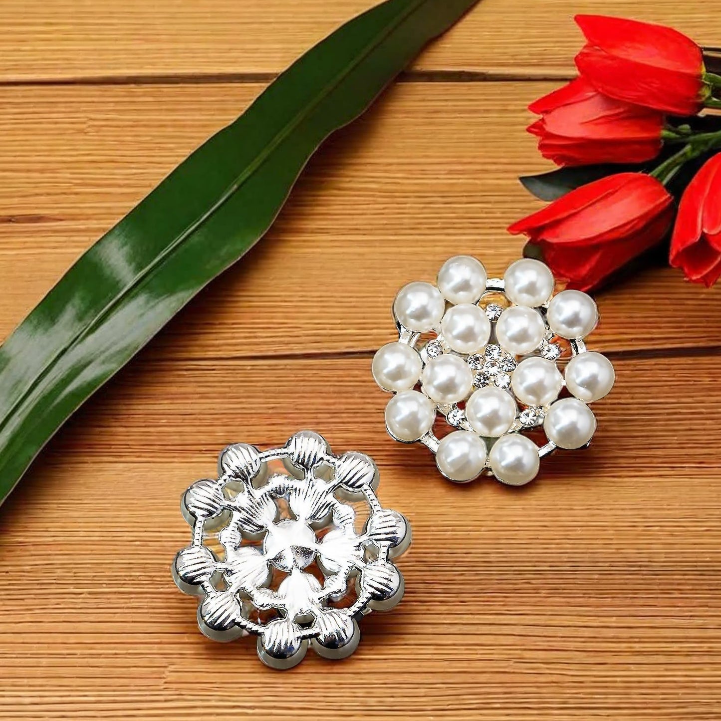 24 pcs Pearl Buttons Rhinestone Crystal Silver Flatback Beads Brooches Elegant Embellishment Accessory DIY Craft for Wedding Party Bags Shoes Dress Home Decoration 24mm (Silver)