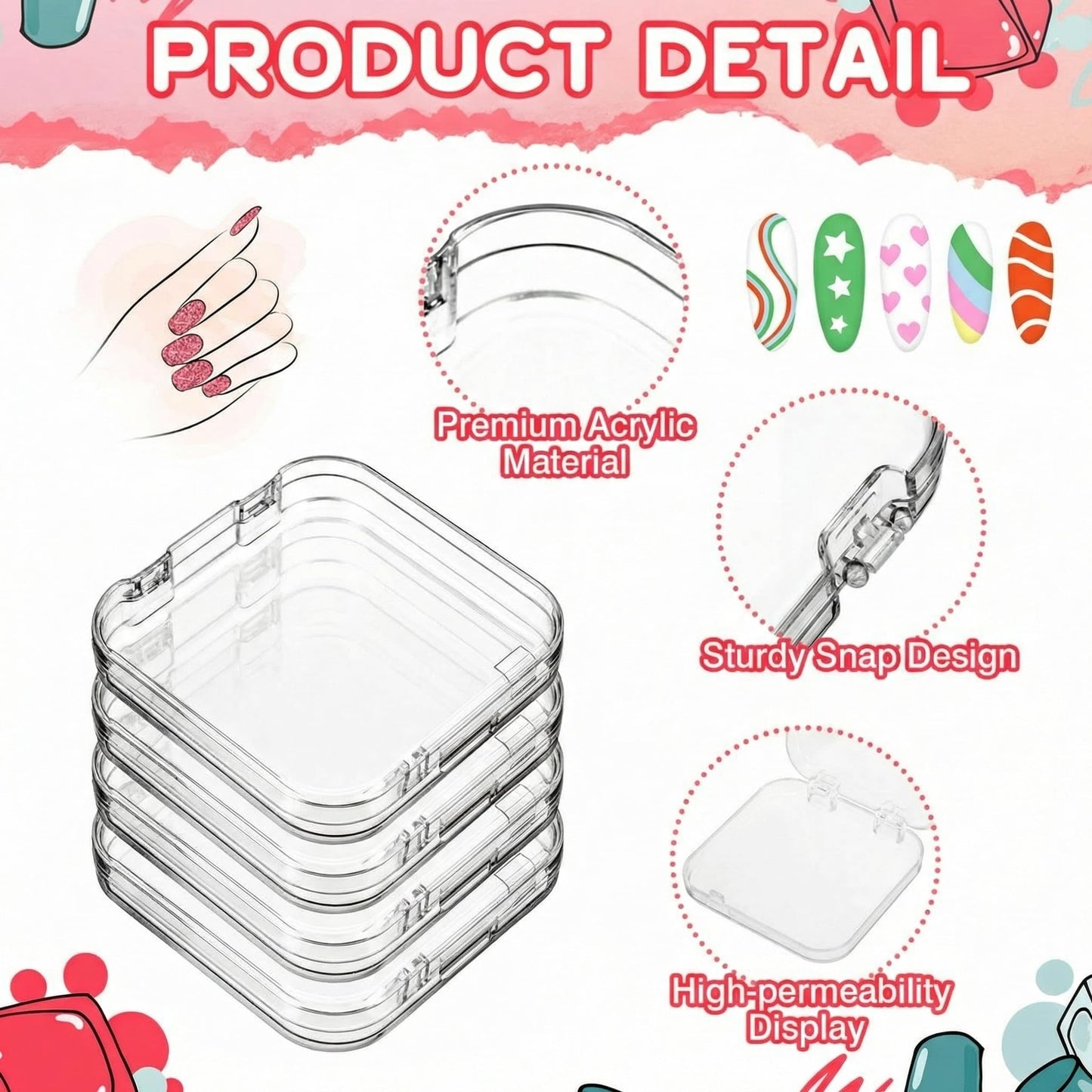 AceOrbit Press on Nail Boxes with 180 Pcs Adhesive Double Sided Tape Acrylic Press on Nail Packaging Cases Transparent Storage Case Organizer for Display Art Salon Supplies(Clear,48 Pcs)