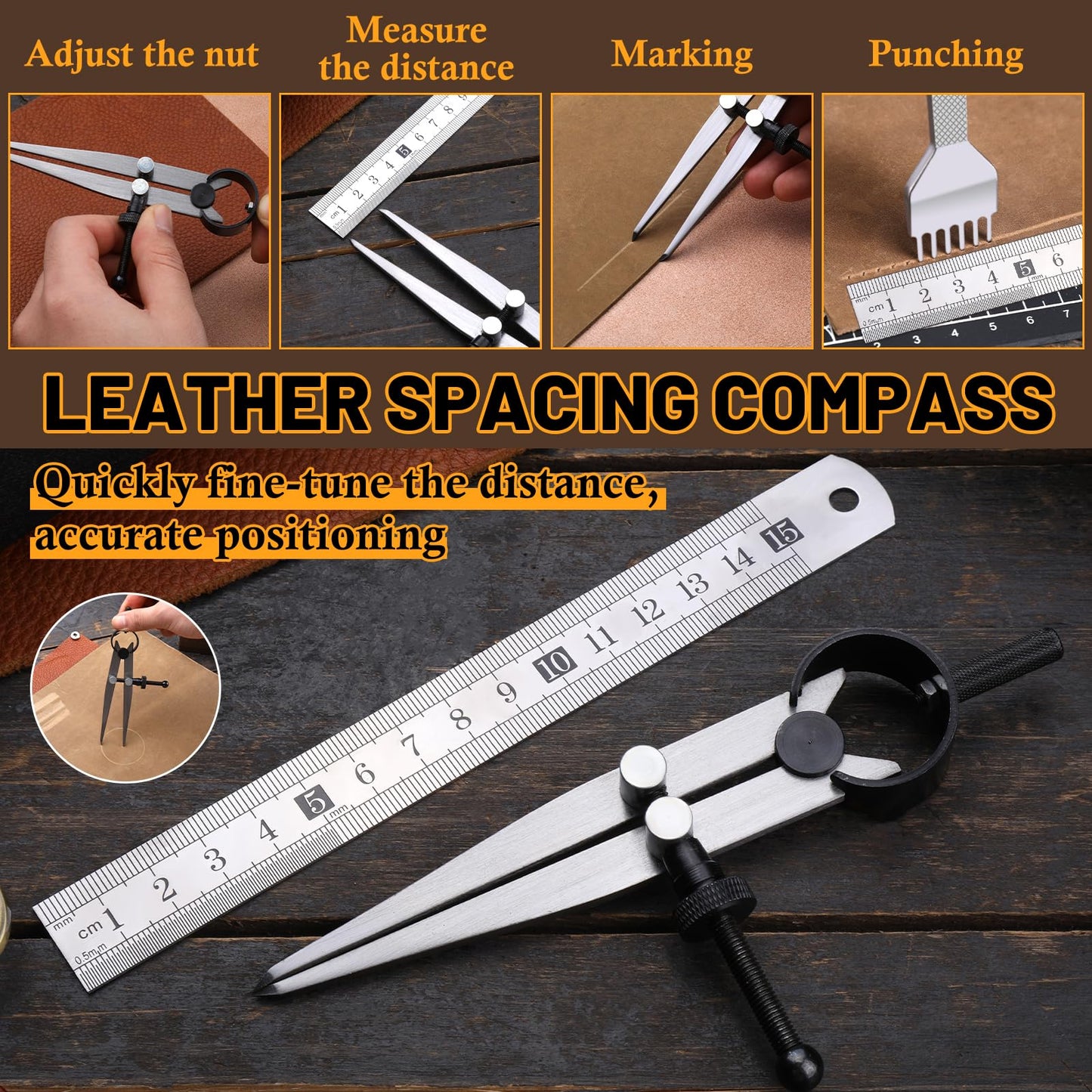 CBHGFEA Leather Working Tools Kit Includes Cutting Knife, Edge Burnisher, 1/2/4/6 Stitching Punch, Leather Compass Geometry Tool and Steel Ruler for DIY Leathercraft DIY Projects