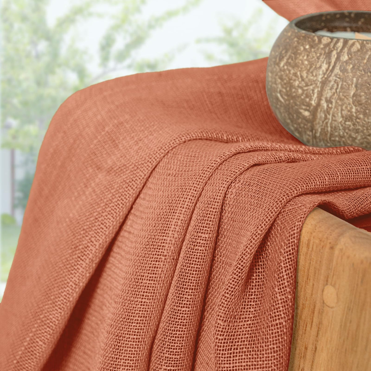 Burnt Orange Linen Semi Sheer Curtains 84 Inches Long for Living Room (2 Count)