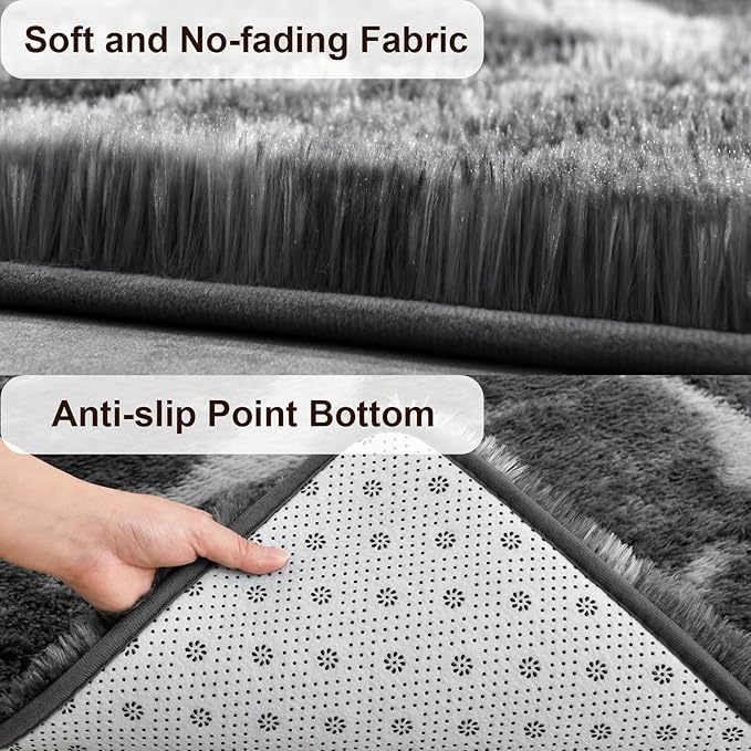 TWINNIS Super Soft Shaggy Rugs Fluffy Carpets, 6x9 Feet, Indoor Modern Plush Area Rugs for Living, Bed Room Kids Room Nursery Home Decor, Upgrade Anti-Skid Rectangular Fuzzy Rug, Black Grey