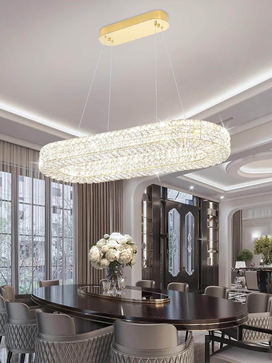 Modern Crystal Chandelier, Dia 40" Rectangular Chandelier for Dining Room,Gold Rectangle Crystal Ceiling Light Luxury Oval Chandeliers for Living Room Kitchen Island