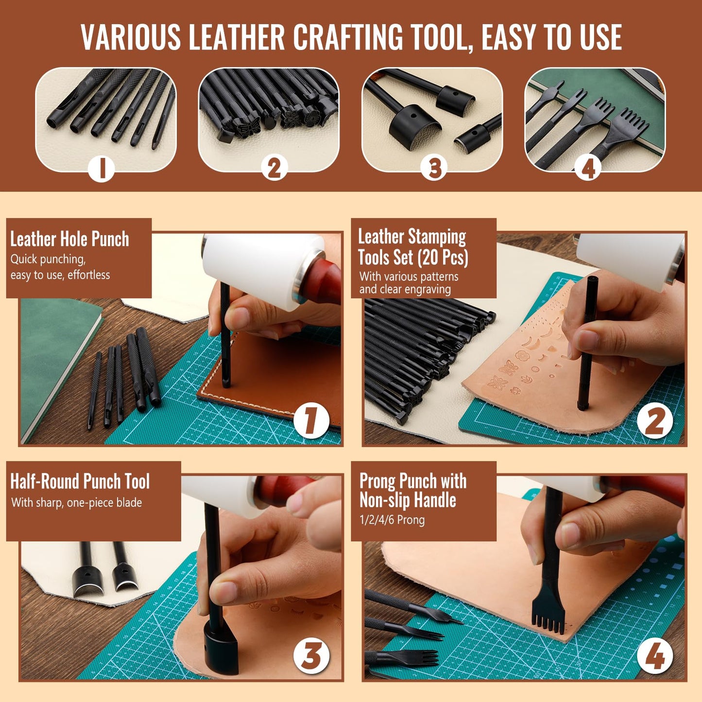 Leather Working Tools Kit, Leather Tooling Kit with Double Layer Storage Box, Heavy Duty Sewing Kit, Professional Working Tools and Supplies for DIY Stamping Cutting Engraving Punching Sewing