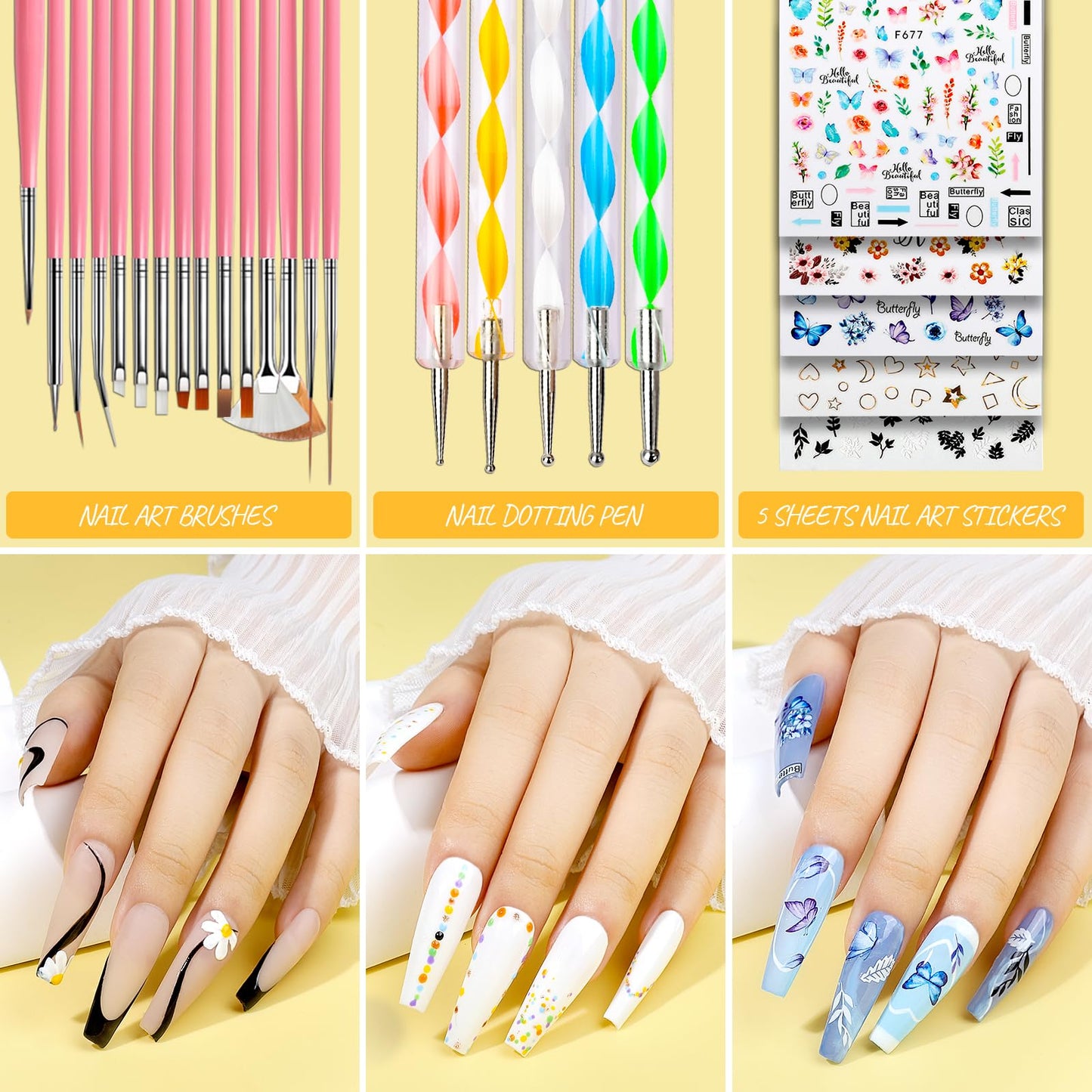 Teenitor Press On Nail Kit - Clear Coffin Nail Tips, Art Brushes, Dotting Pen, Glitter, Stickers & Rhinestones