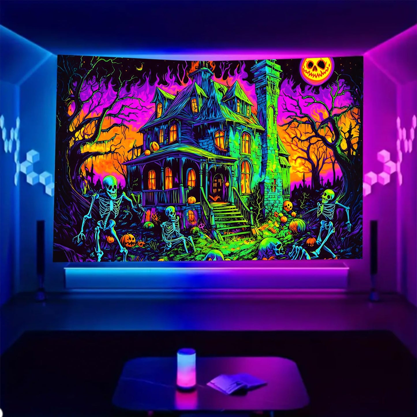 BSFHH Black Light Tapestry – UV Reactive Glow in the Dark Wall Hanging, Spooky Night Scene with Ghosts & Pumpkins, Haunting Home Decor for Parties, Bedroom, or Dorm (Ghost House, 90L x 70W, Unframed)