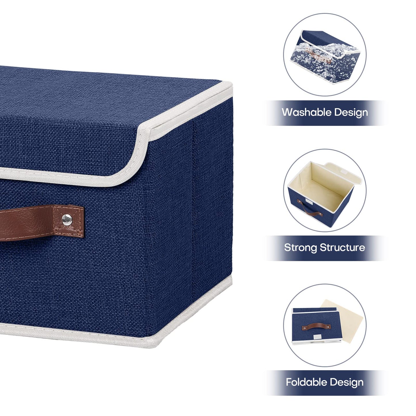ANMINY Storage Bin with Lid Storage Boxes with PU Leather Handles PP Plastic Board Decorative Foldable Lidded Cotton Linen Fabric Home Cubes Baskets Closet Organizer Container - Blue, Small Size