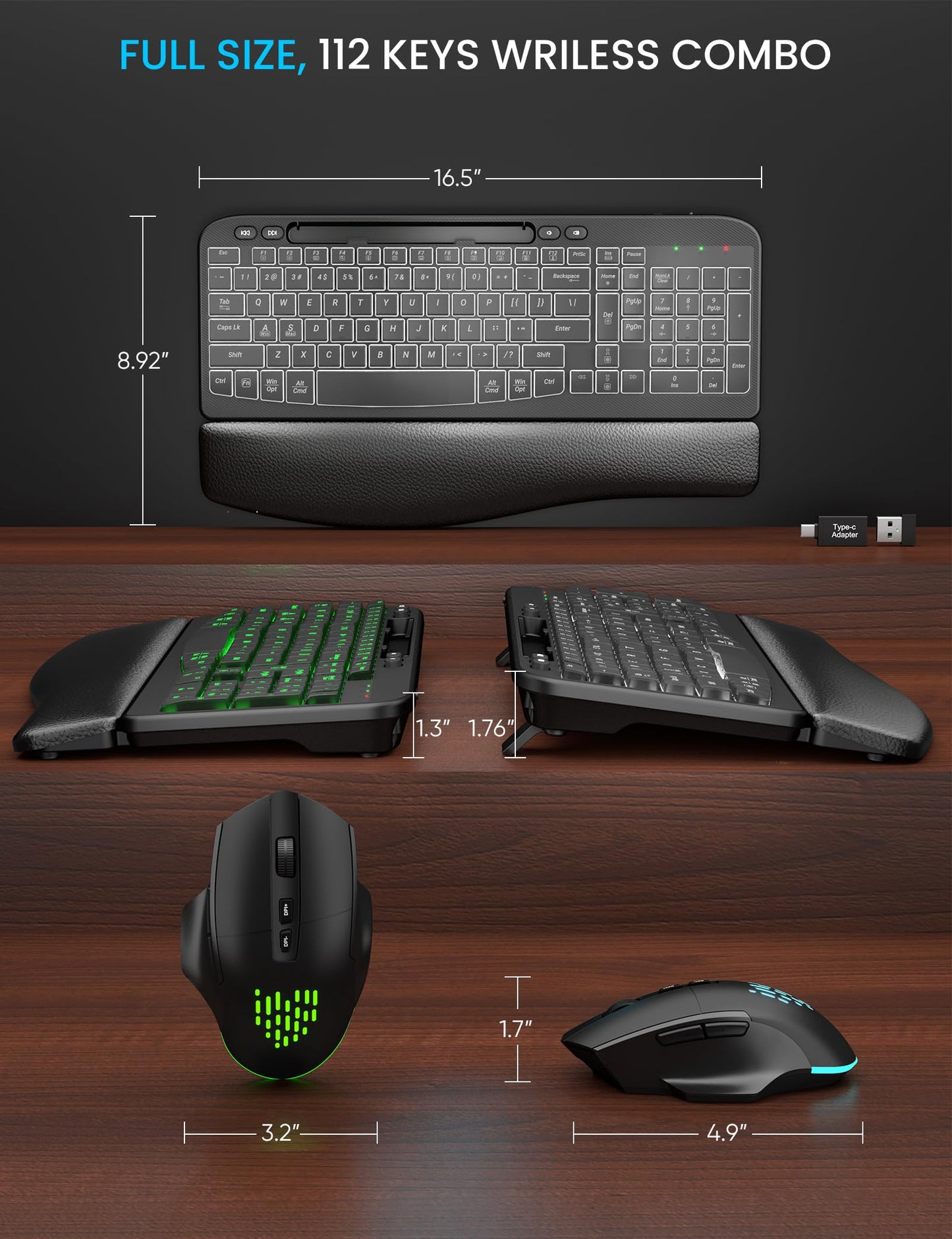 SABLUTE MA22 Pro Wireless Keyboard and Mouse Combo - Ergonomic Wave Keyboard with Soft Leather Wrist Rest, Phone Holder, Rechargeable, RGB Backlit Mouse, Full-Size Set for Windows/Mac/Computer
