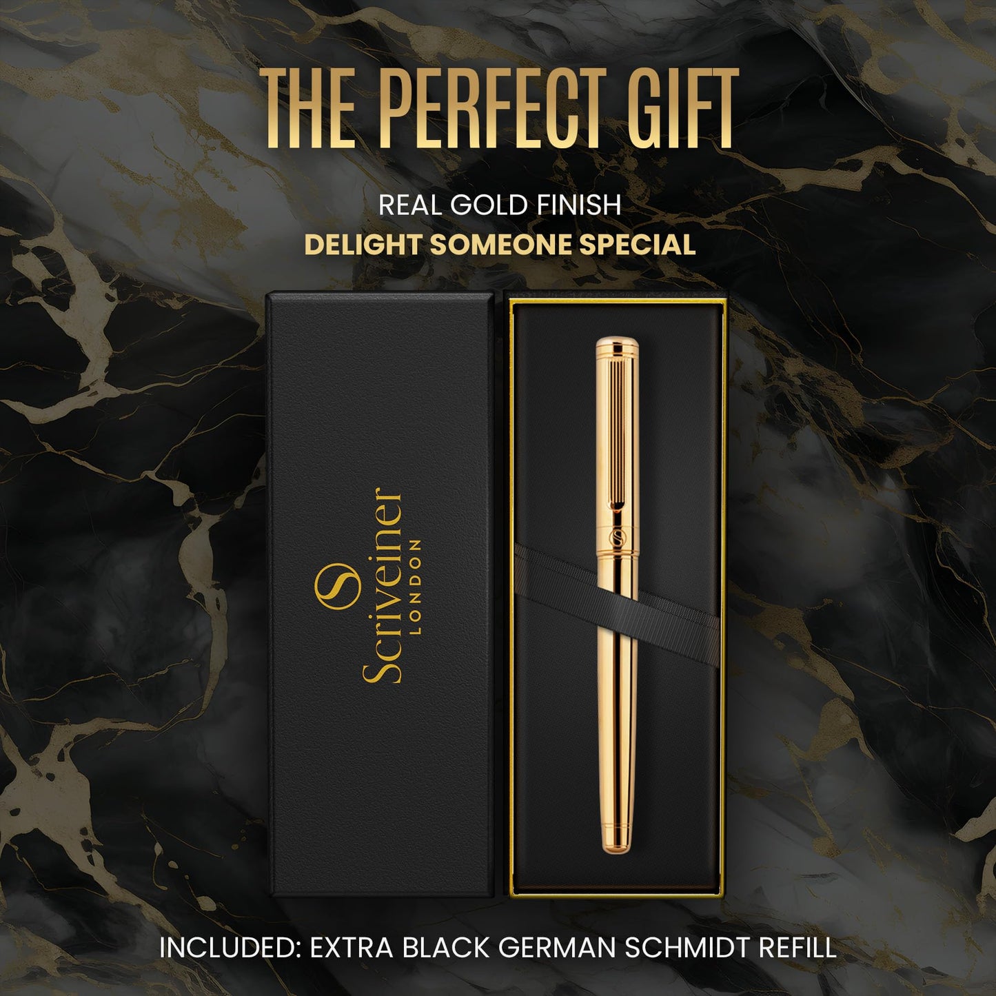 Scriveiner Gold Rollerball Pen - Stunning Luxury Pen, Real Gold Plating, Schmidt Ink Refill, Best Roller Ball Pen Gift Set for Men & Women, Professional, Executive Office, Nice Pens